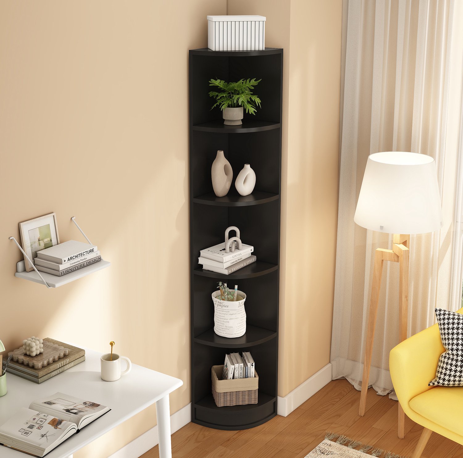 MIVRAY Hoekboekenkast - Vijf Open Legplanken Voor Boeken En Decoratie - Ruimtebesparend Voor Woonkamer En Werkkamer - Zwart MDF - 42x30x180 Cm