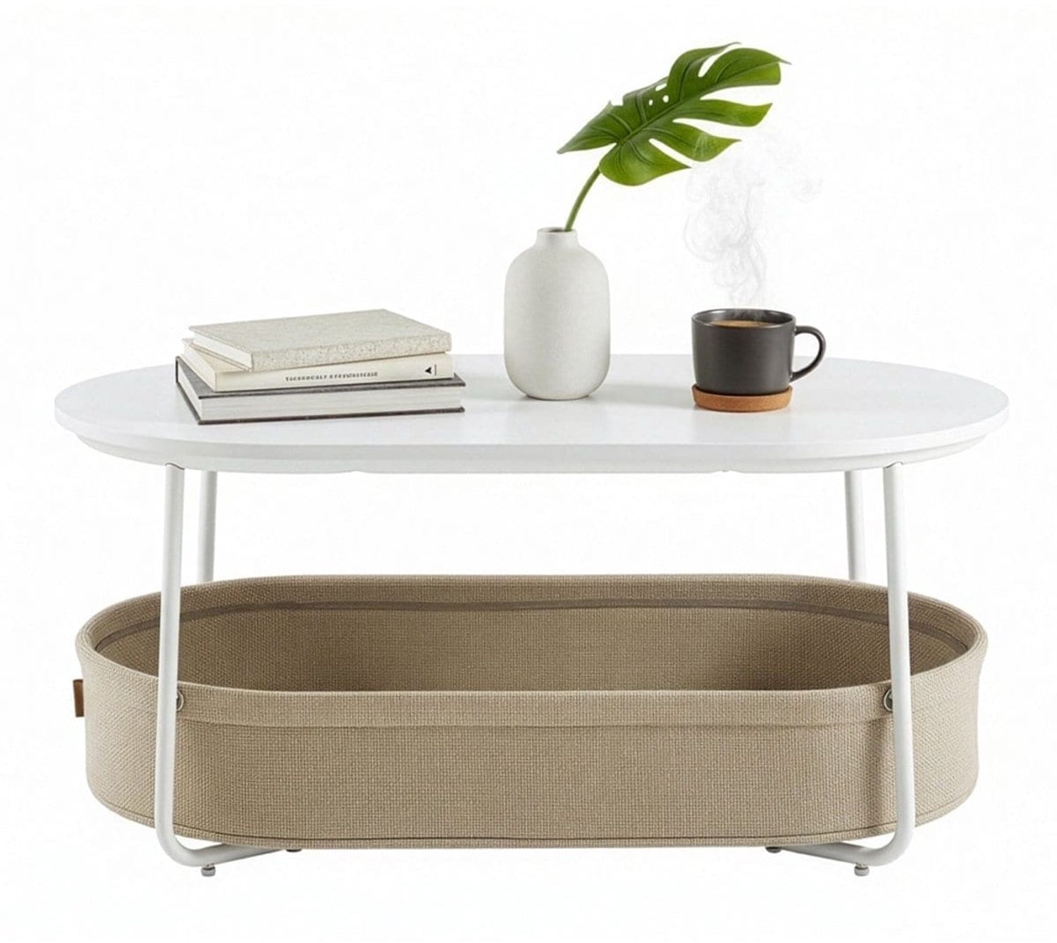 Klarven Salontafel Wit-Bruin - Salontafel met Opbergruimte - Salontafel - Bijzettafel met Stoffen Mand - Modern Design Wit/Beige