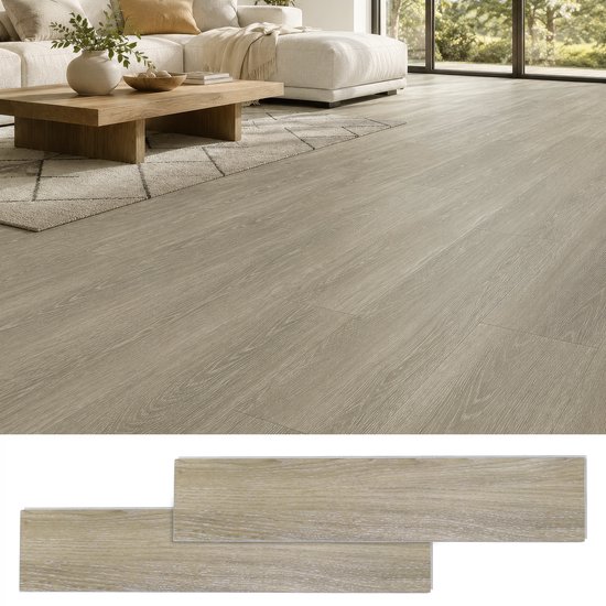 Woonkamer met grijsbeige houtlook vloer en close-up van twee overlappende planken.