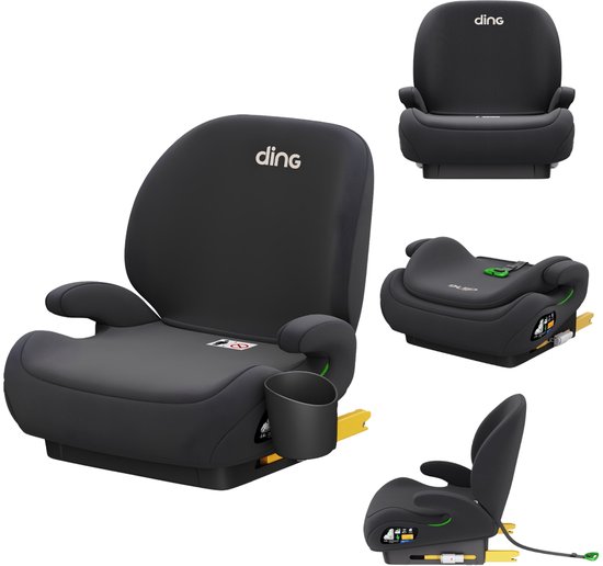 Ding Luca autostoeltje in zwart met rugleuning, bekerhouder, ISOFIX-bevestiging en veiligheidsinstructies.