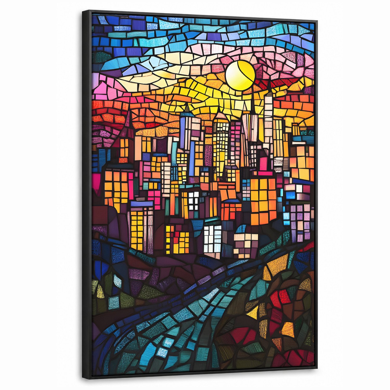 Canvas Schilderij met Baklijst 60x90cm - Stad - Maan - Mozaïek - Kleurrijk - Muurdecoratie woonkamer - Slaapkamer decoratie - Kamer accessoires - Schilderijen op canvas met lijst