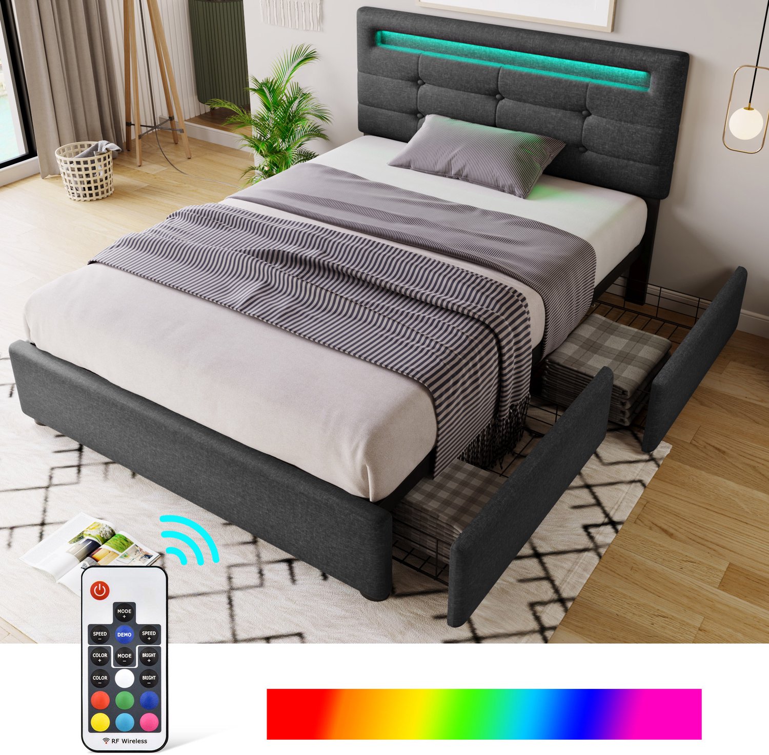 Vovtenza Bedframe met ledverlichting en 2 lades - eenpersoons gestoffeerd bed 90x200cm - in hoogte verstelbaar hoofdeinde - lattenbodem - grijs (exclusief matras)