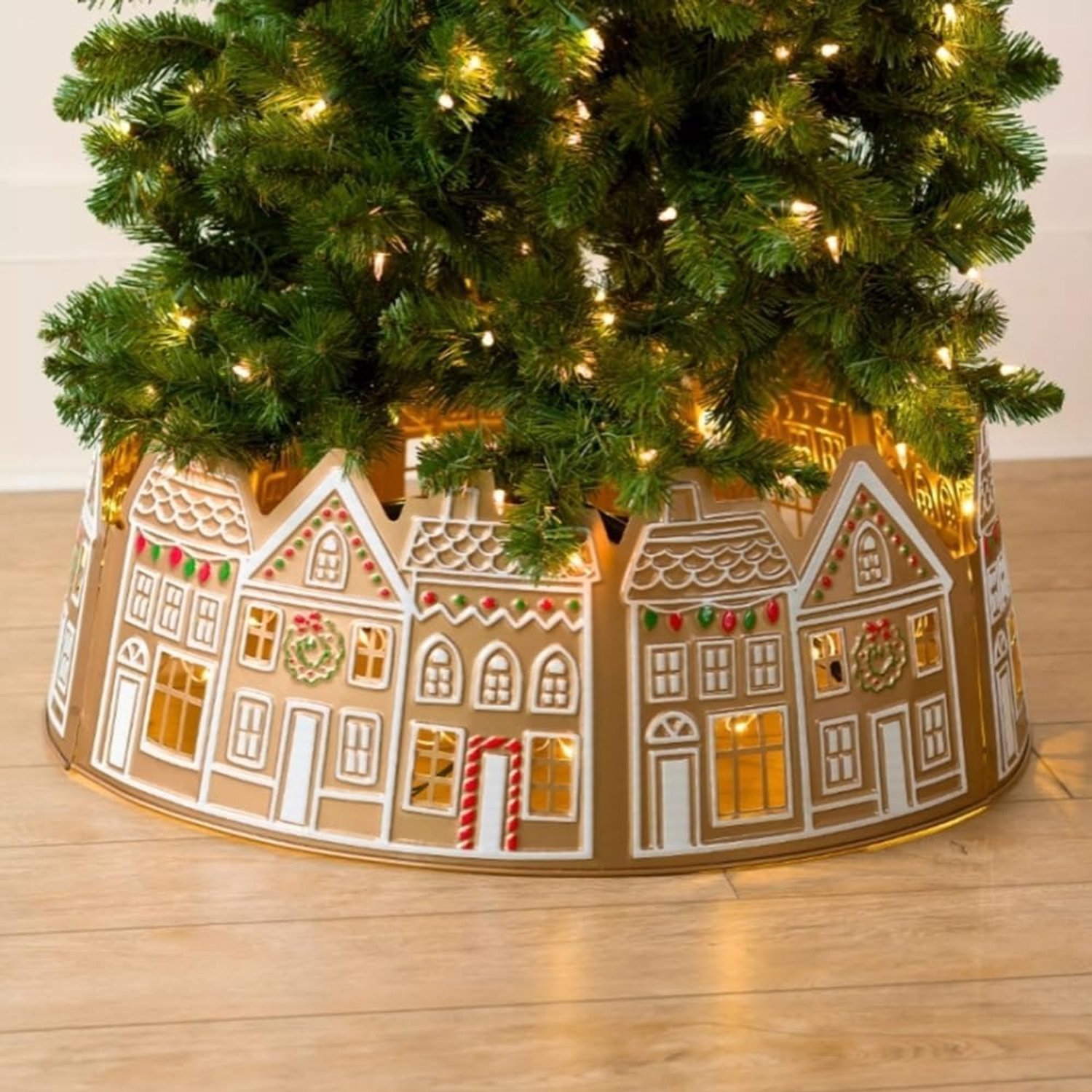 Kerstboomkraag met peperkoekhuis-design - LED-verlichting - 26 inch (ca. 66 cm) - Verlichte kerstboomrok - Afdekking voor kerstboomvoet - Decoratie voor smalle kerstboom - LED-bodemafdekking voor kerstboom