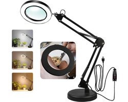 Loeplamp Met LED Verlichting - Vergrootglas 5x - Dimbaar - 3 Lichtkleuren, 10 Helderheidsniveaus - Met Klem En Verzwaarde Standaard