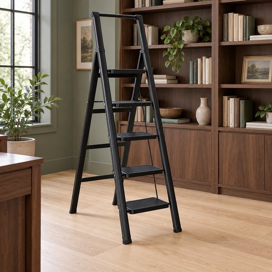 Zwarte metalen trapladder met 5 treden in een kantoor met houten boekenkasten en planten.