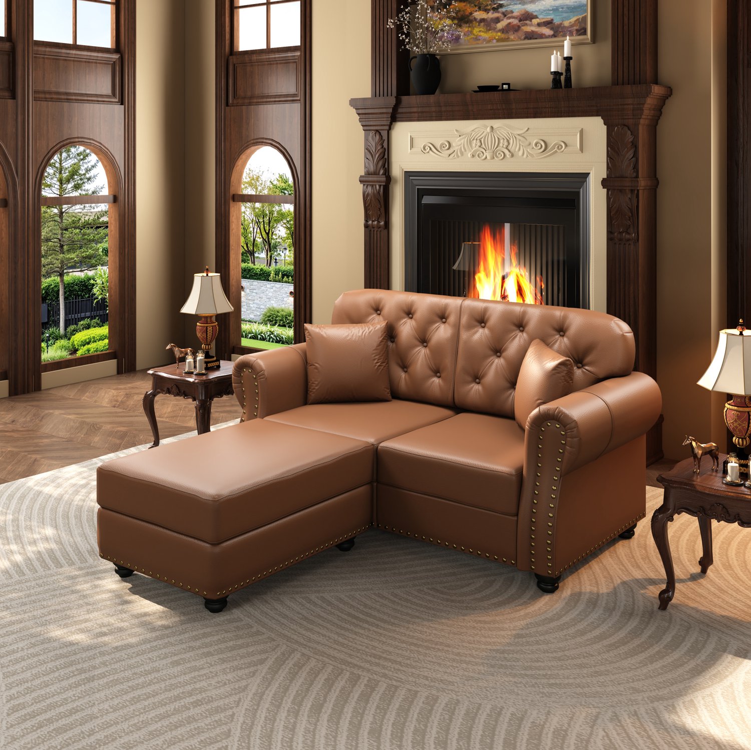 MODENUIT Chesterfield Bank 160 x 76 x 86 cm - 2-Zits Met Losse Hocker - Woonkamer - Kunstleer - Bruin
