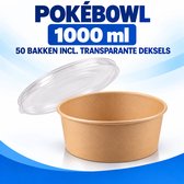 Salade Poké Bowl 1000 ml – 50 Stuks – Kraft Saladebakjes met Transparante Deksel – Maaltijdbakken – Take Away Verpakkingen - IMES PACK