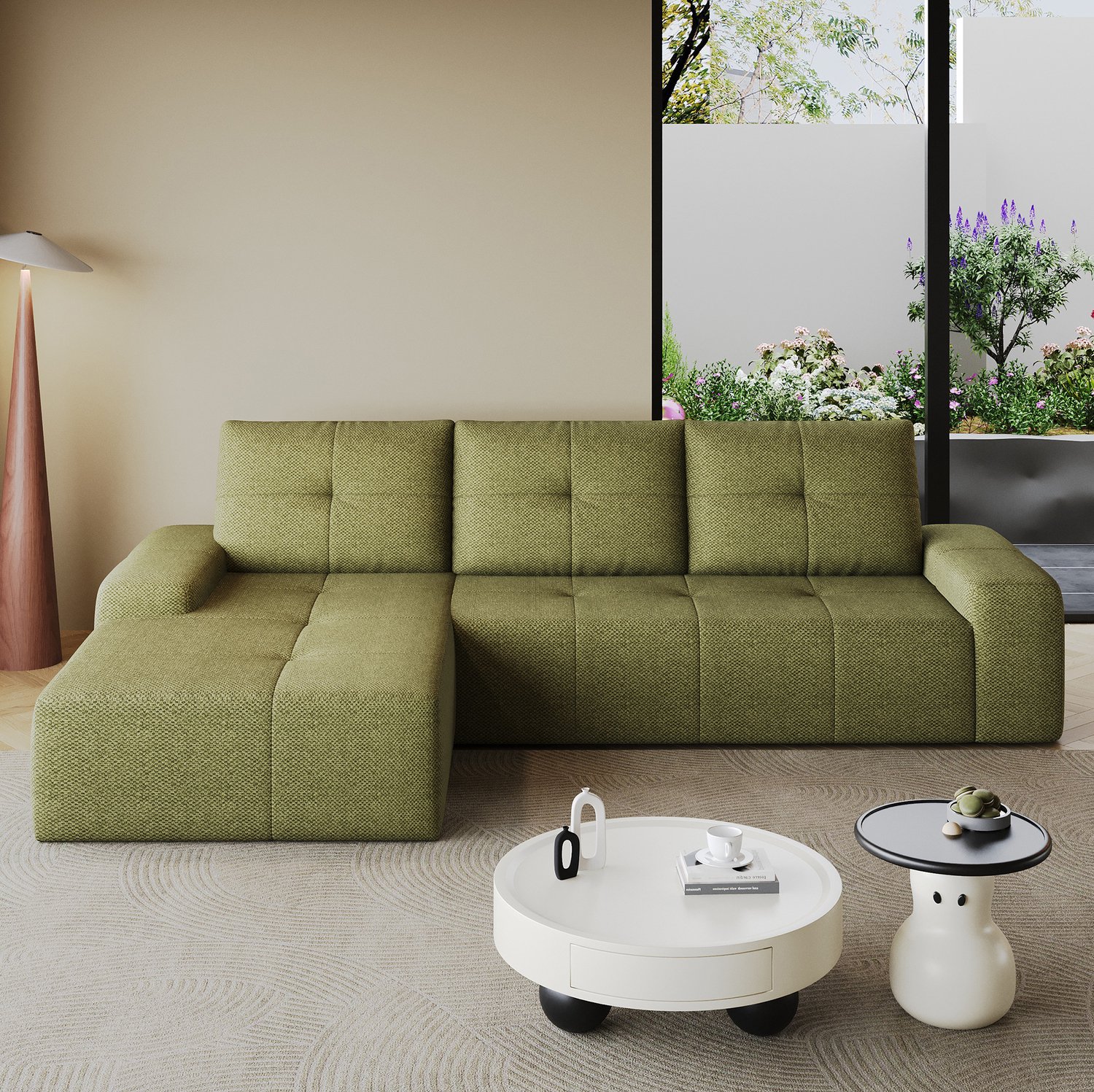 MODENUIT Hoekbank 262 x 172 x 82 cm - L-Vorm met Liggedeelte - 3-Zits voor Woonkamer - Stof - Olijfgroen