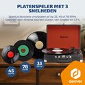 Zwarte Denver platenspeler naast drie vinylplaten van verschillende formaten met instelbare 33, 45, 78 RPM.