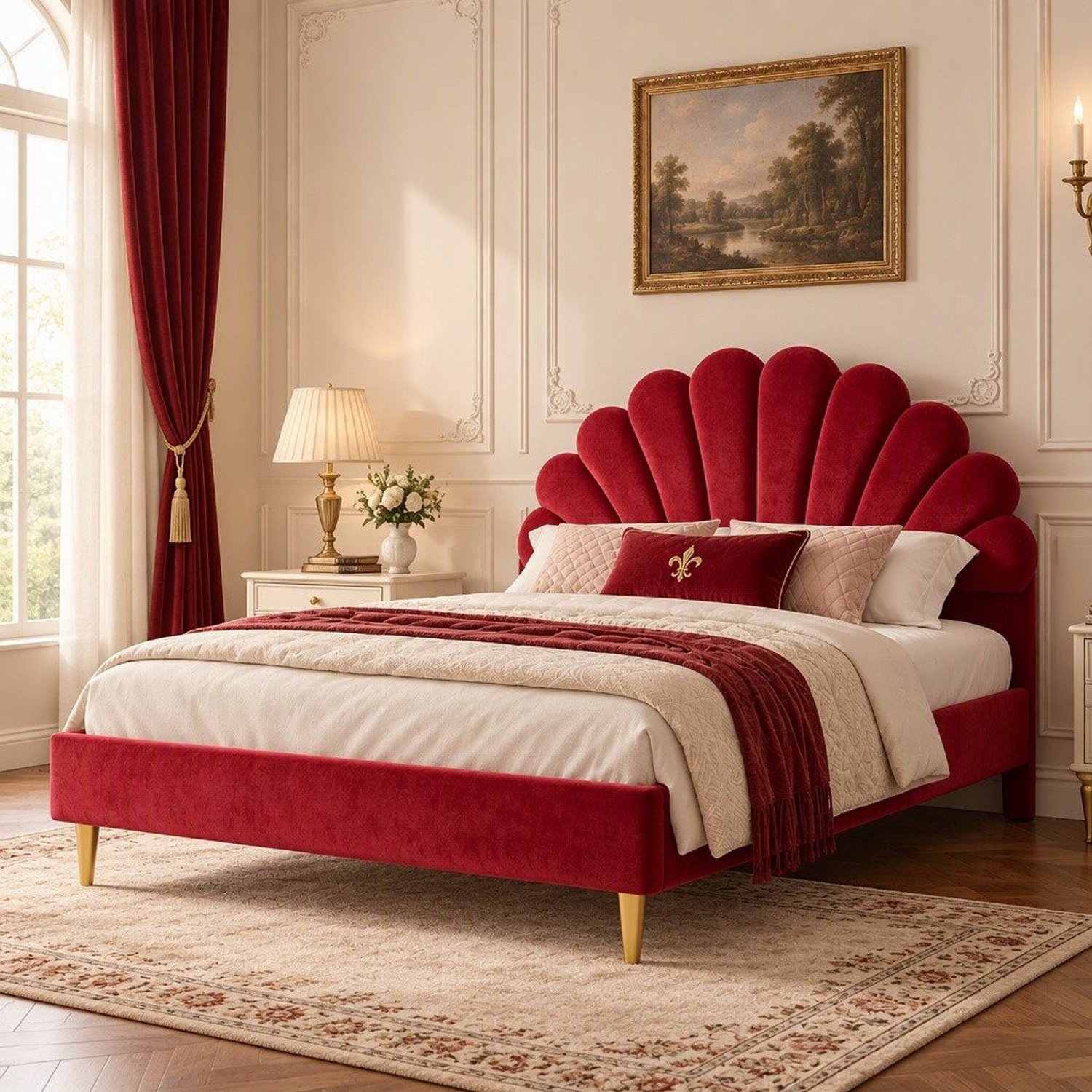 Mofor Tweepersoonsbed 140x200 cm met verstelbaar bloemvormig hoofdbord - metalen en houten frame - fluwelen bekleding - rood - elegant design