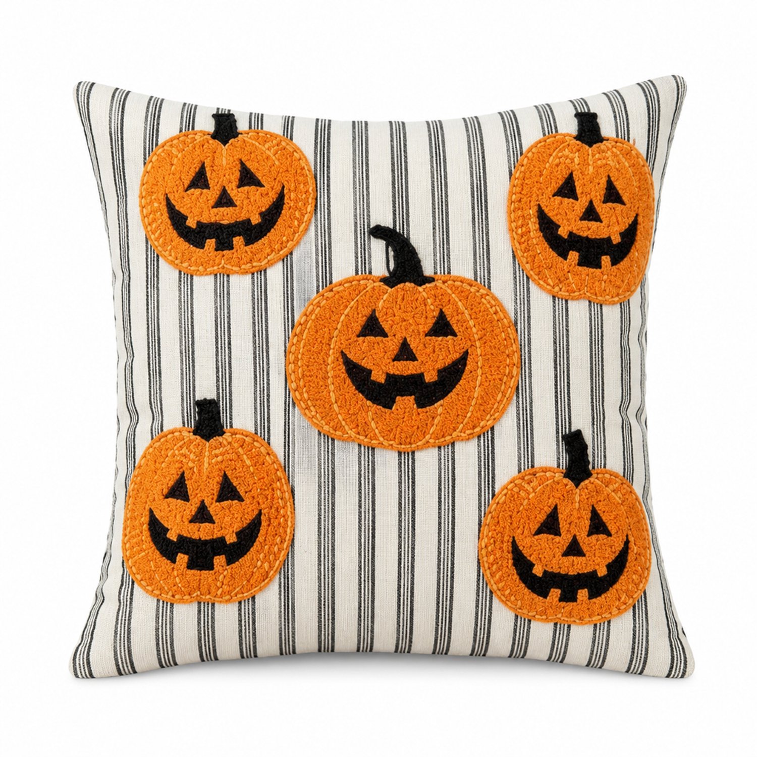 SWGOTA Linnen sierkussenhoes 45 x 45 cm met vijf oranje pompoengezichten en zwarte strepen - Halloweendecoratie voor bank en bed Wit