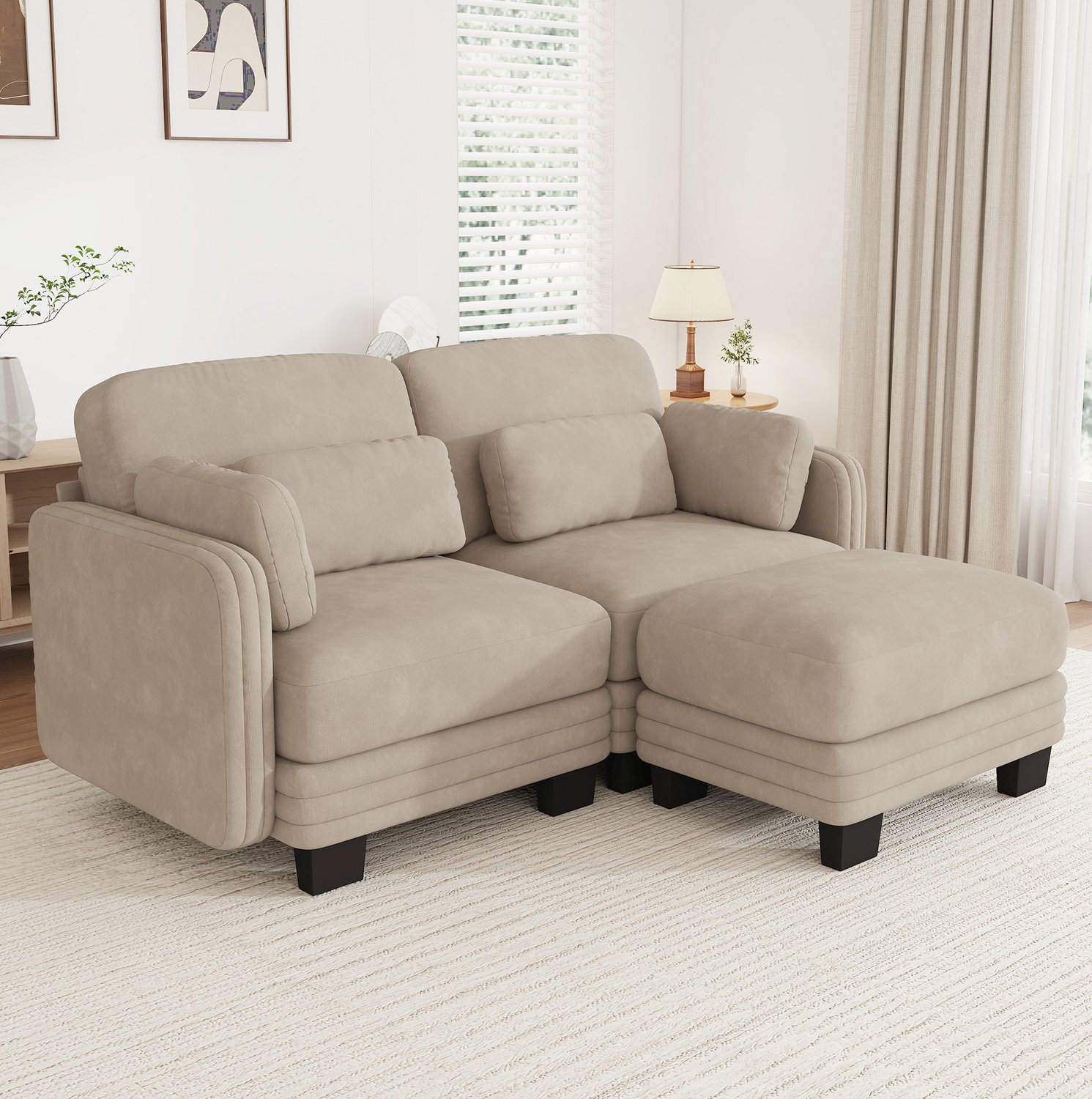 MIVRAY Hoekbank 176 x 143 x 88 cm - Modulaire 2-Zits met Voetenbank en Verplaatsbare Kussens - Voor Woonkamer en Appartement - Chenille Lichtbruin