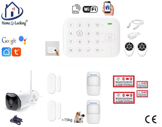 Home-Locking alarmsysteem met wit bedieningspaneel, camera, sensoren, afstandsbedieningen en waarschuwingsstickers.