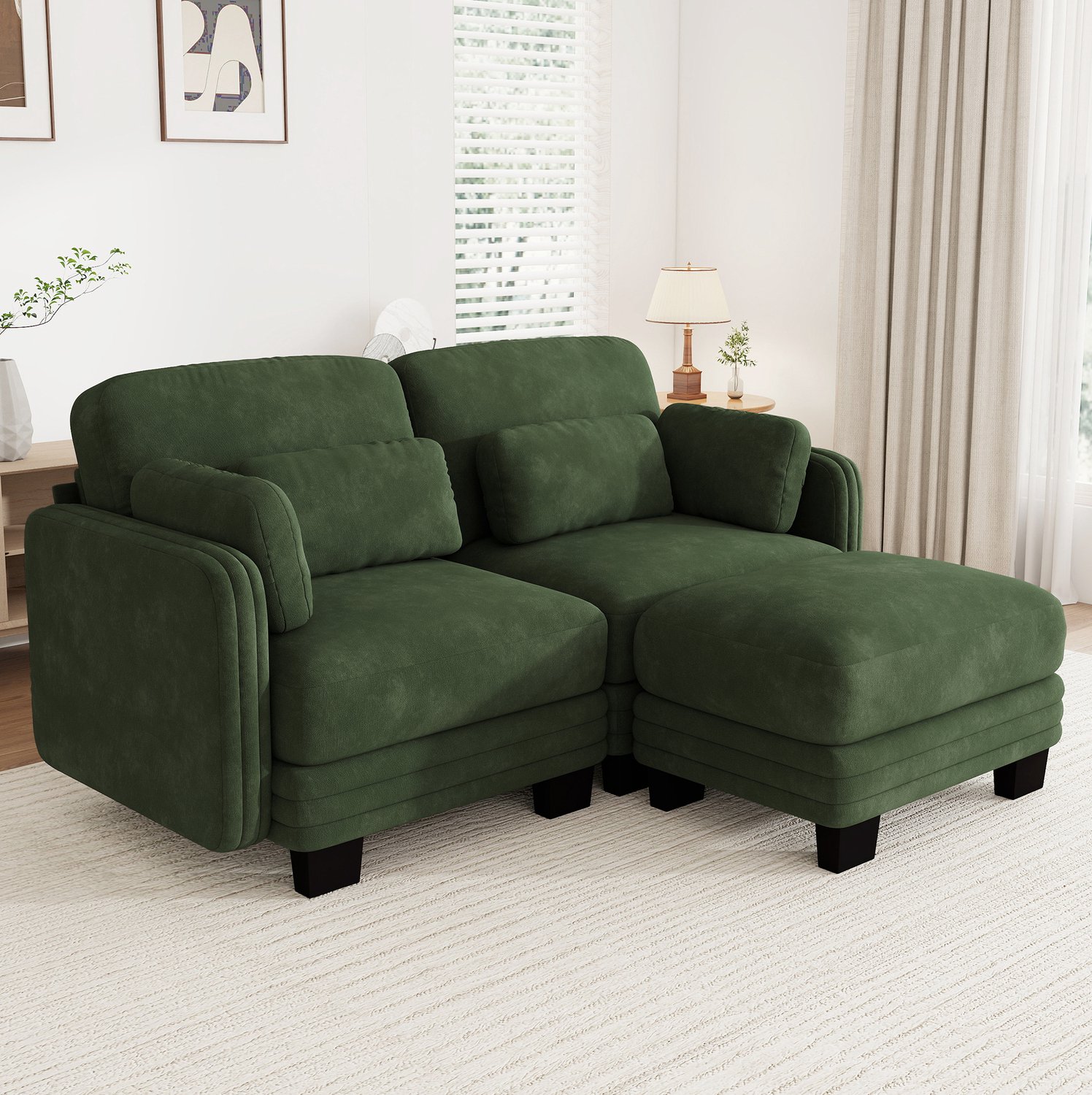 OKWISH Hoekbank 2-Zits 176 x 143 x 88 cm - Modulaire L-Vorm met Voetenbank en Verplaatsbare Kussens - Woonkamer en Appartement - Chenille - Groen