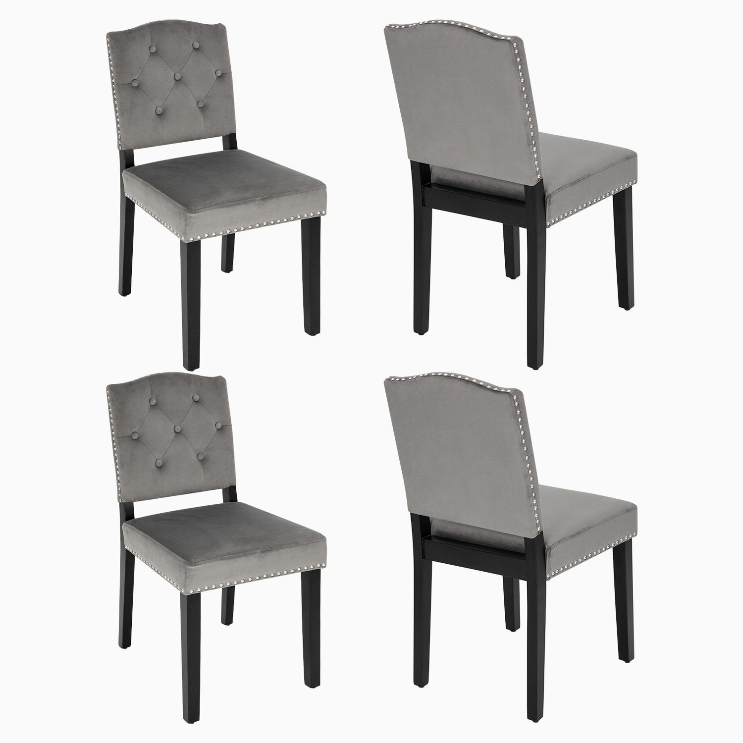 Puluomis Eetkamerstoel - Set Van 4 - Gestoffeerde stoel - Fluweelstof - Velvet - Massief houten poten - Grijs