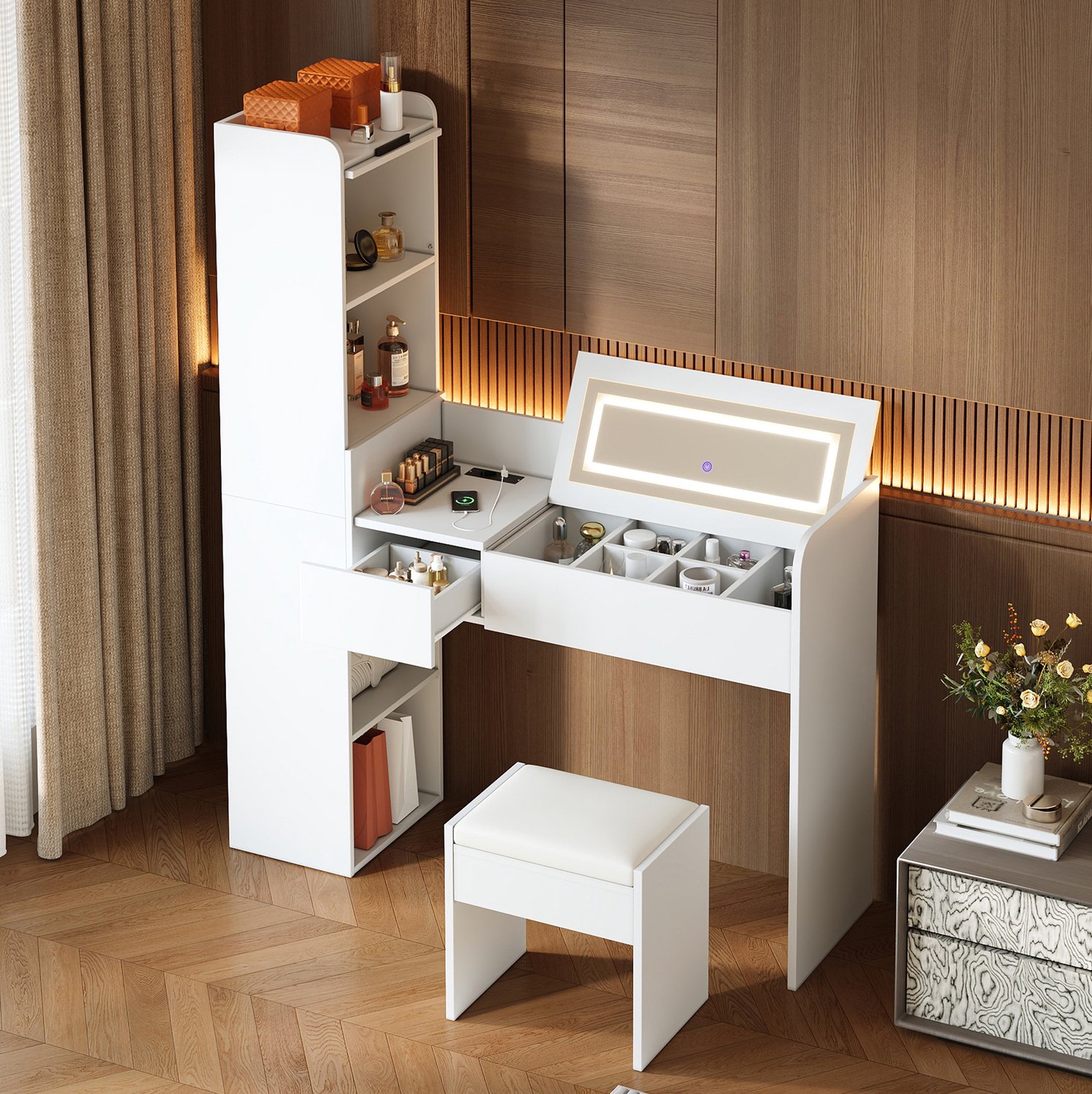 Wishdor Kaptafel met inklapbare LED-spiegel en kruk - Drie lichtkleuren met touchbediening - USB-aansluiting, lades en zijkast - Modern ontwerp voor slaapkamer en kleedkamer - Wit - 131 x 40 x 160 cm