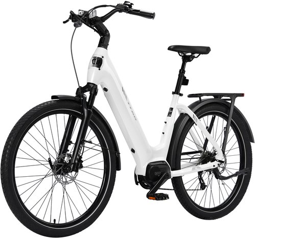 Een witte TTGO Z5 e-bike op een witte achtergrond, driekwart aanzicht.