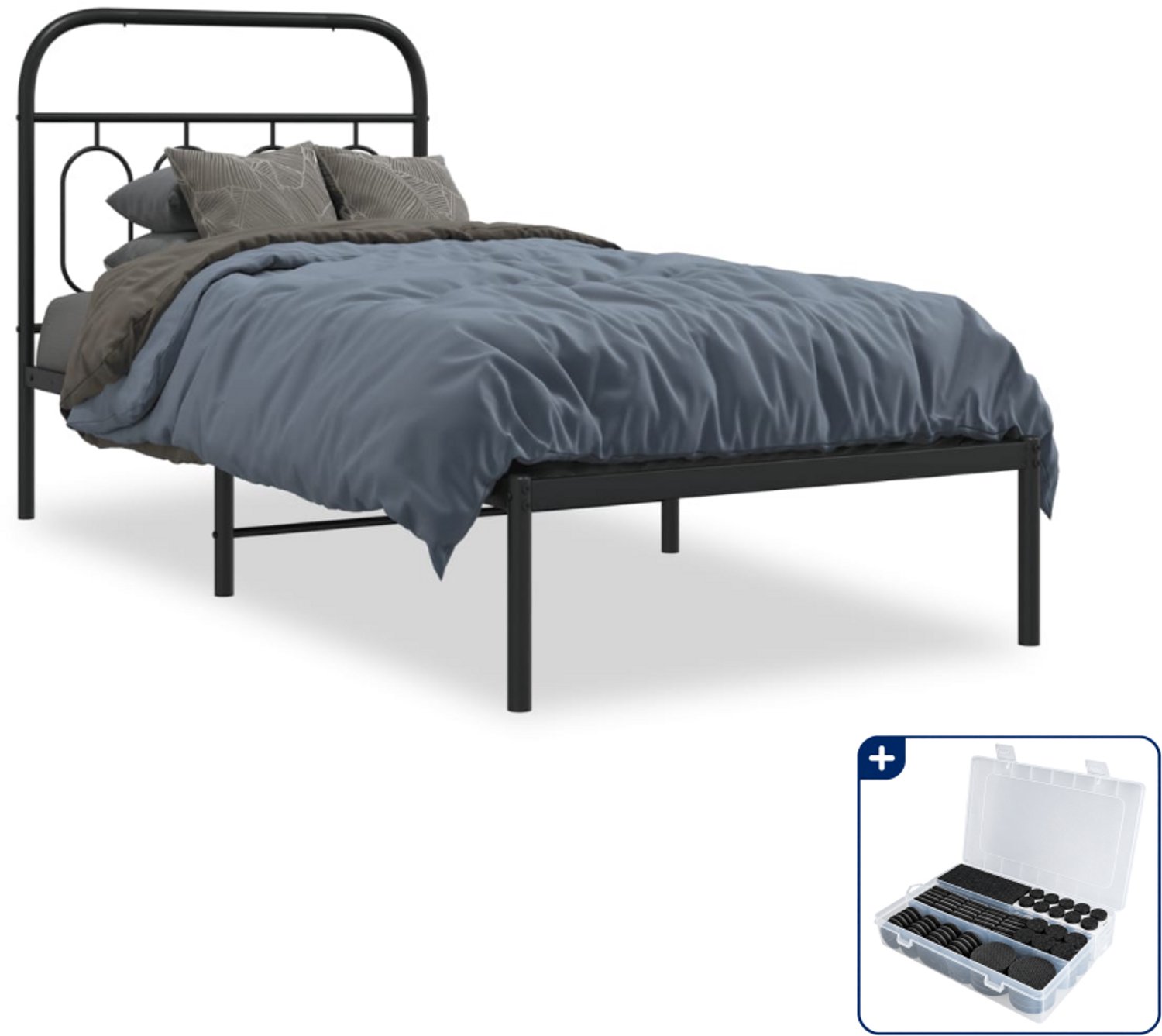 vidaXL bedframe met hoofdbord - 90 x 190 cm - staal - zwart - Inclusief antikrasvilt 177-delig