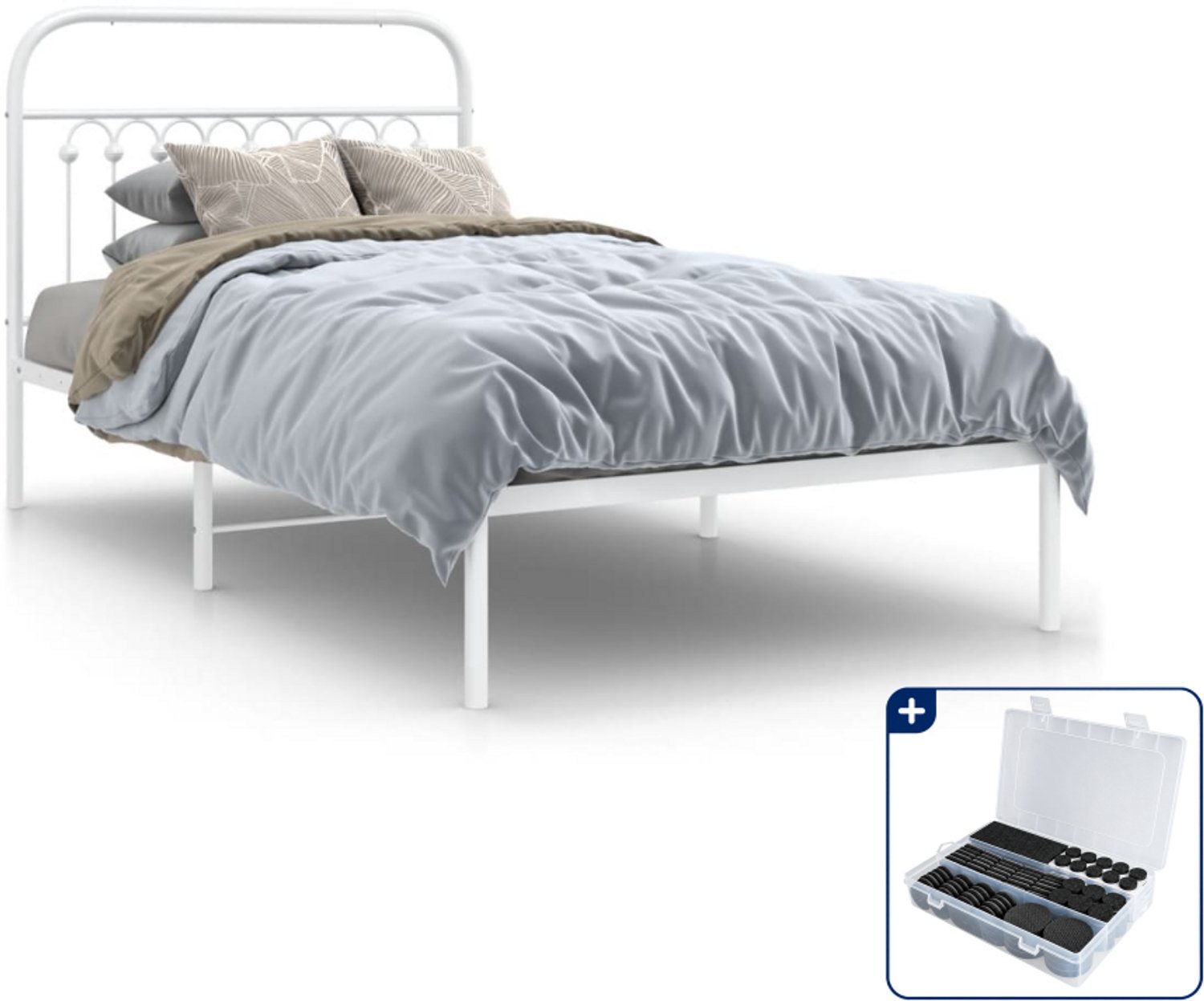 vidaXL bedframe met hoofdbord - 100 x 190 cm - staal - wit - Inclusief antikrasvilt 177-delig