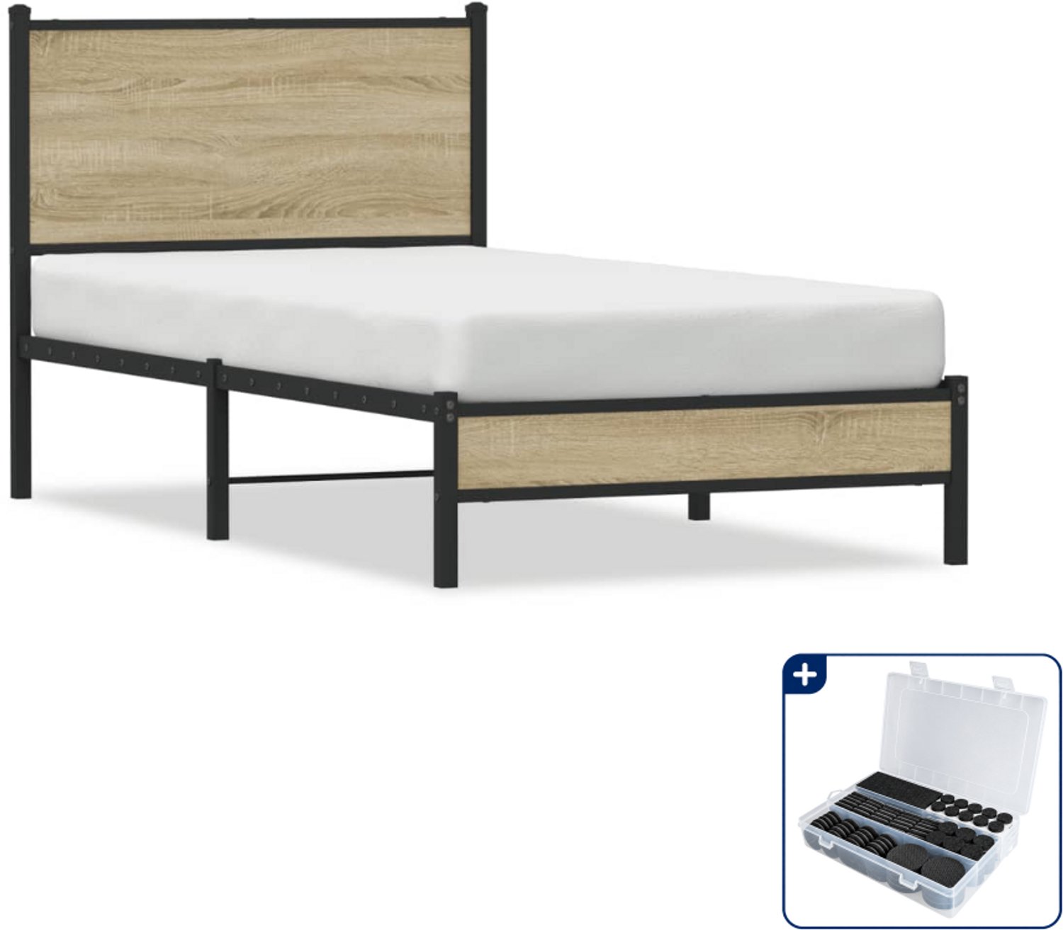 vidaXL bedframe - 90 x 200 cm - staal - sonoma eiken - Inclusief antikrasvilt 177-delig Bruin