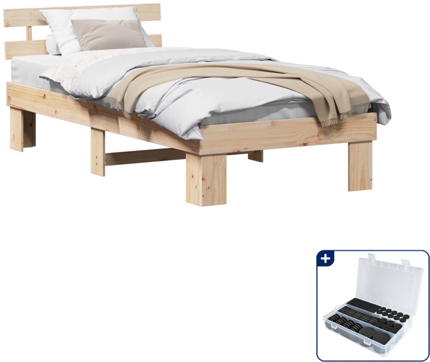 vidaXL Bedframe met hoofdeinde - 90 x 200 cm - massief grenenhout - naturel - Inclusief antikrasvilt 177-delig Bruin