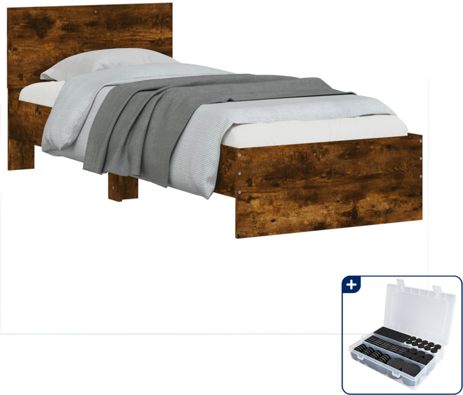 vidaXL bedframe met hoofdbord - 80 x 200 cm - bewerkt hout - gerookt eiken - Inclusief antikrasvilt 177-delig Bruin