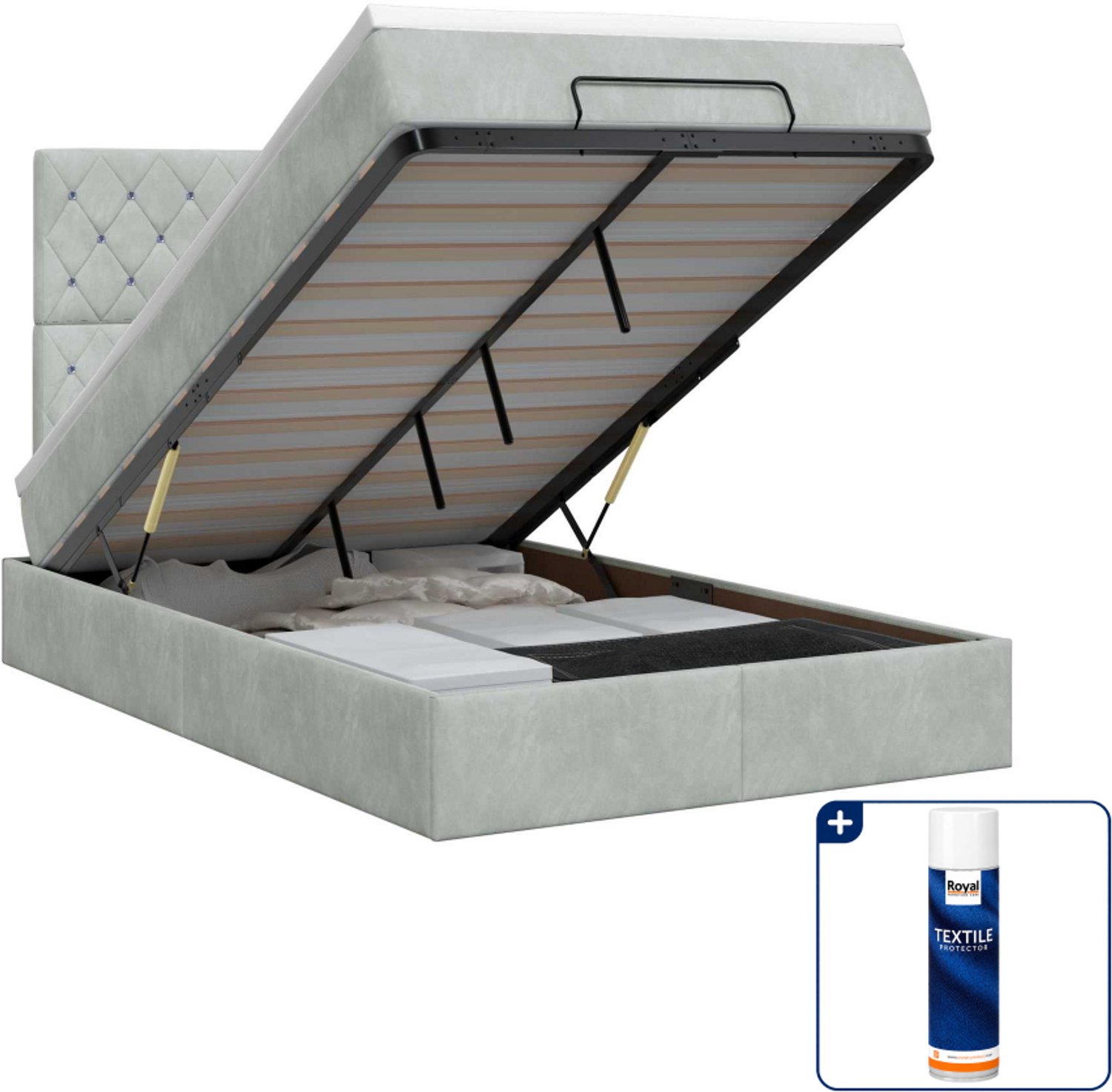 vidaXL ottoman bed met matras - 120 x 190 cm - fluweel - lichtgrijs - Inclusief textielbeschermer 500 ml