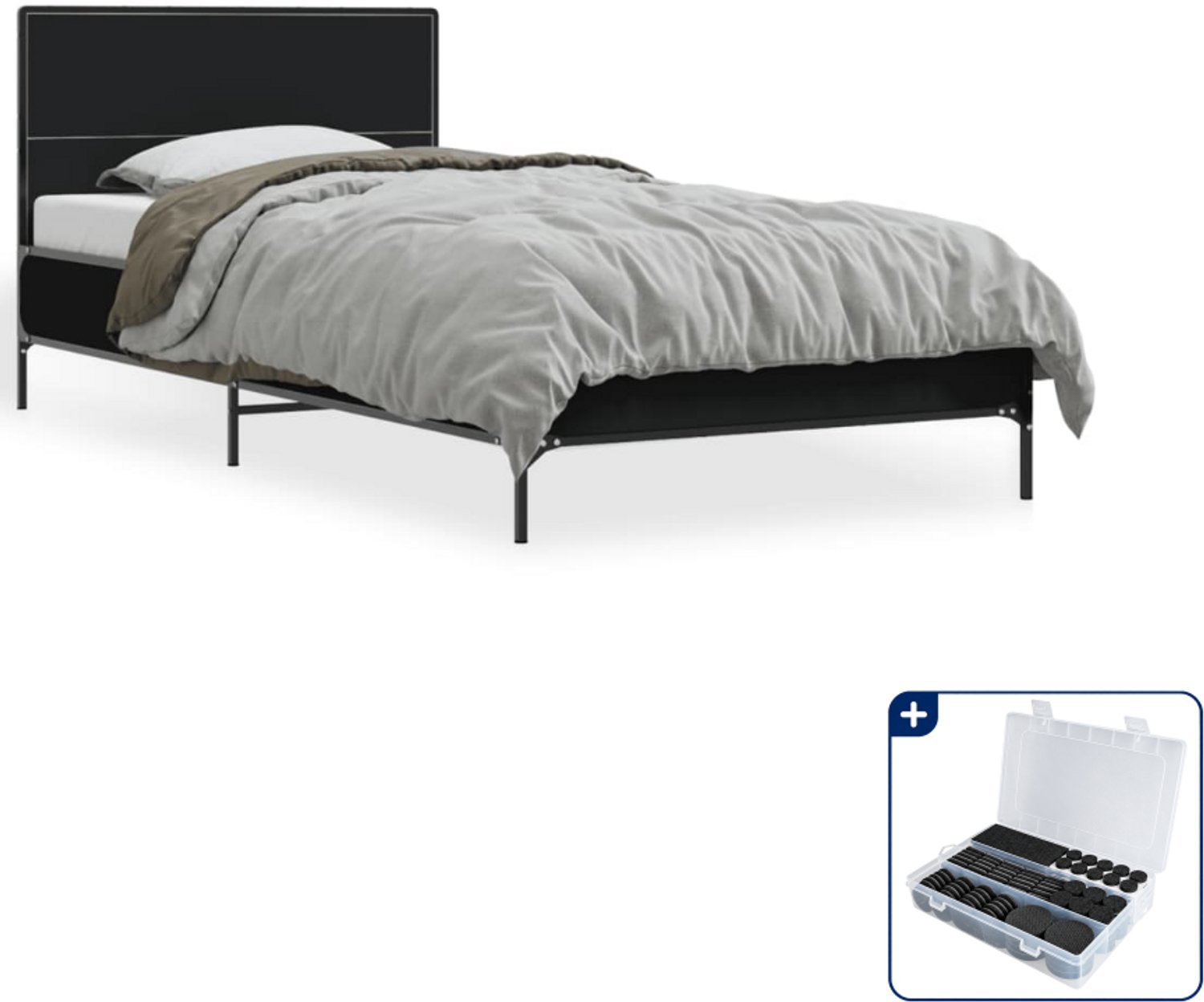 vidaXL bedframe - 75 x 190 cm - bewerkt hout en metaal - zwart - Inclusief antikrasvilt 177-delig
