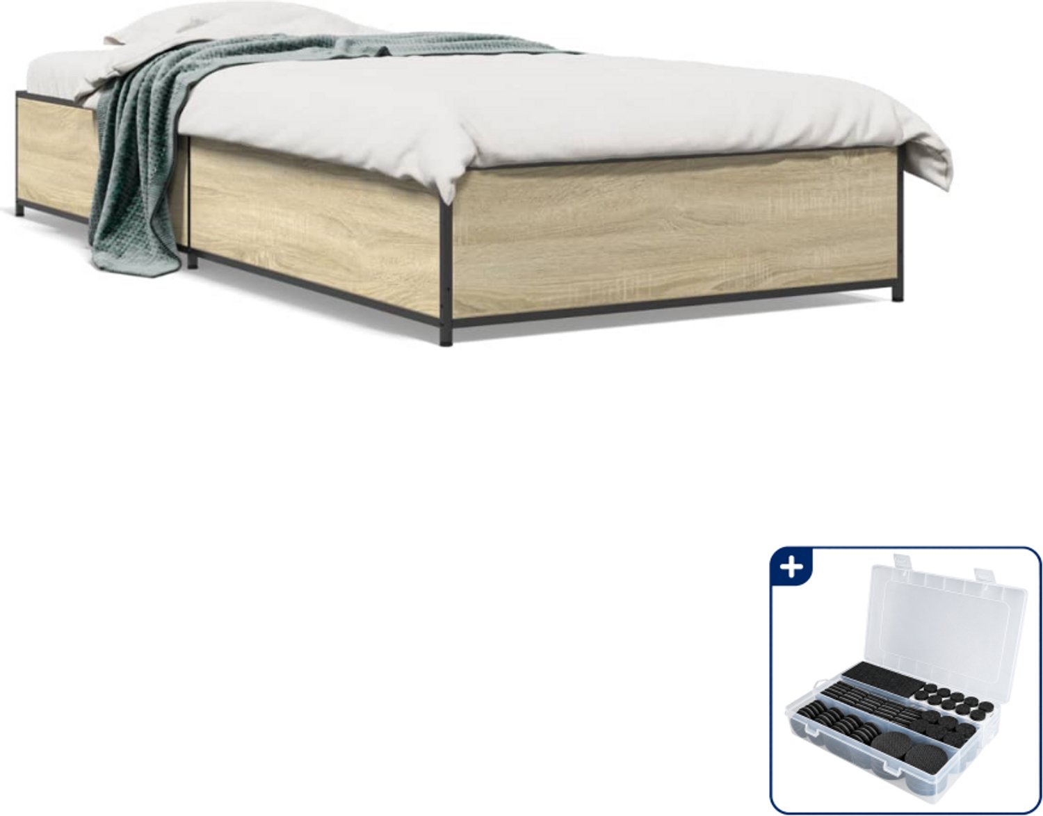 vidaXL bedframe - 75 x 190 cm - bewerkt hout en metaal - sonoma eiken - Inclusief antikrasvilt 177-delig Bruin