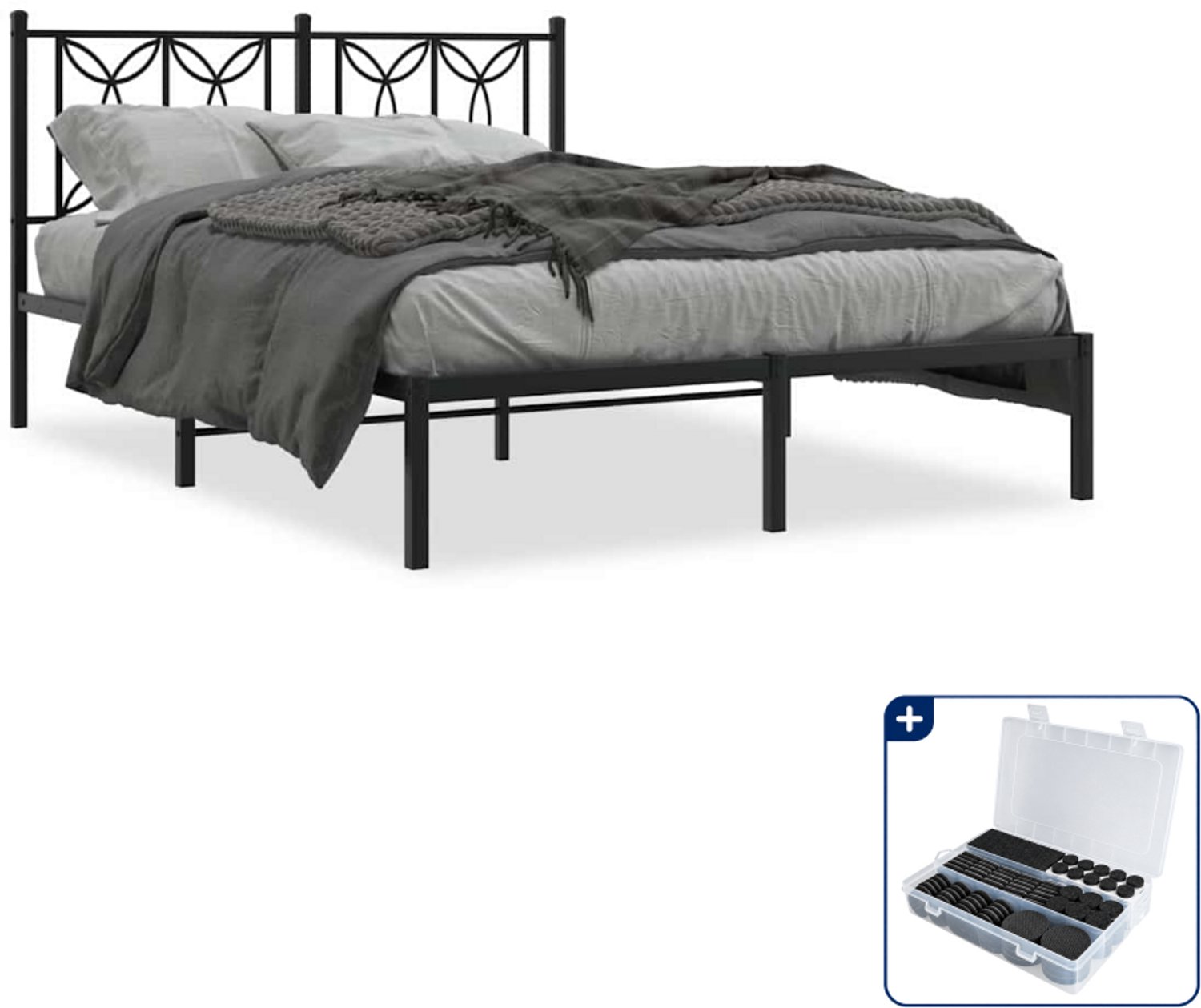 vidaXL Bedframe met hoofdbord - 140 x 190 cm - staal - zwart - Inclusief antikrasvilt 177-delig