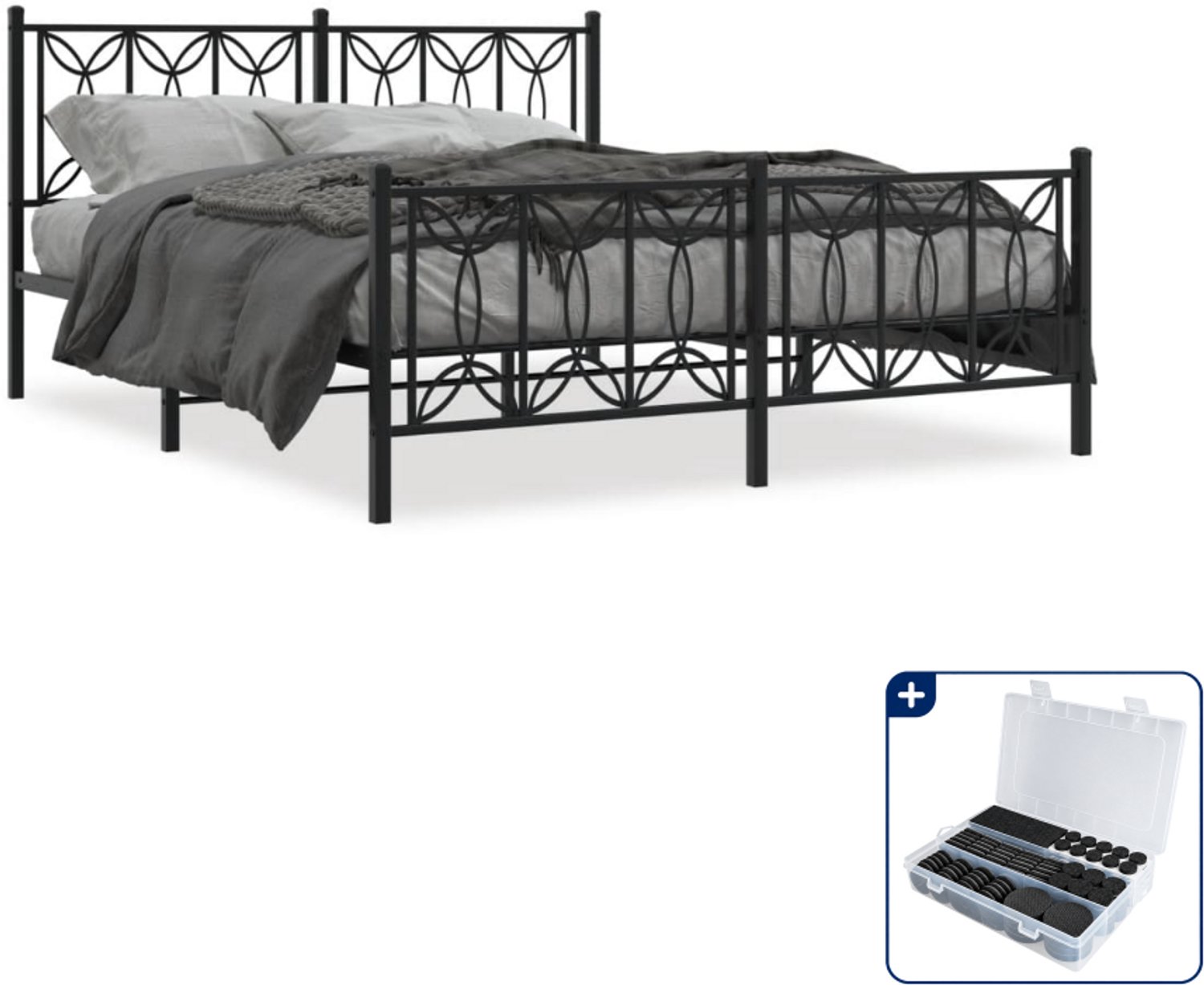vidaXL bedframe - 150 x 200 cm - metaal - zwart - Inclusief antikrasvilt 177-delig