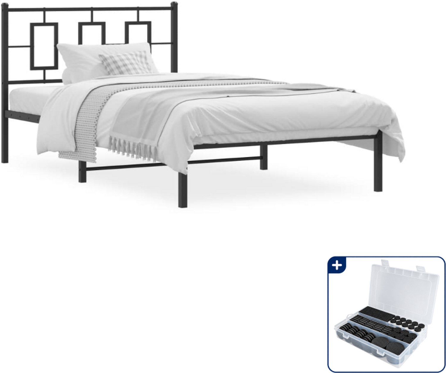 vidaXL bedframe met hoofdbord - 107 x 203 cm - metaal - zwart - Inclusief antikrasvilt 177-delig