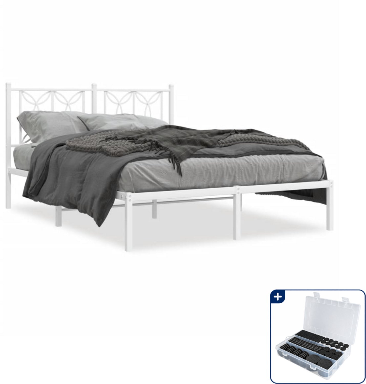 vidaXL bedframe met hoofdbord - 140 x 190 cm - staal - wit - Inclusief antikrasvilt 177-delig