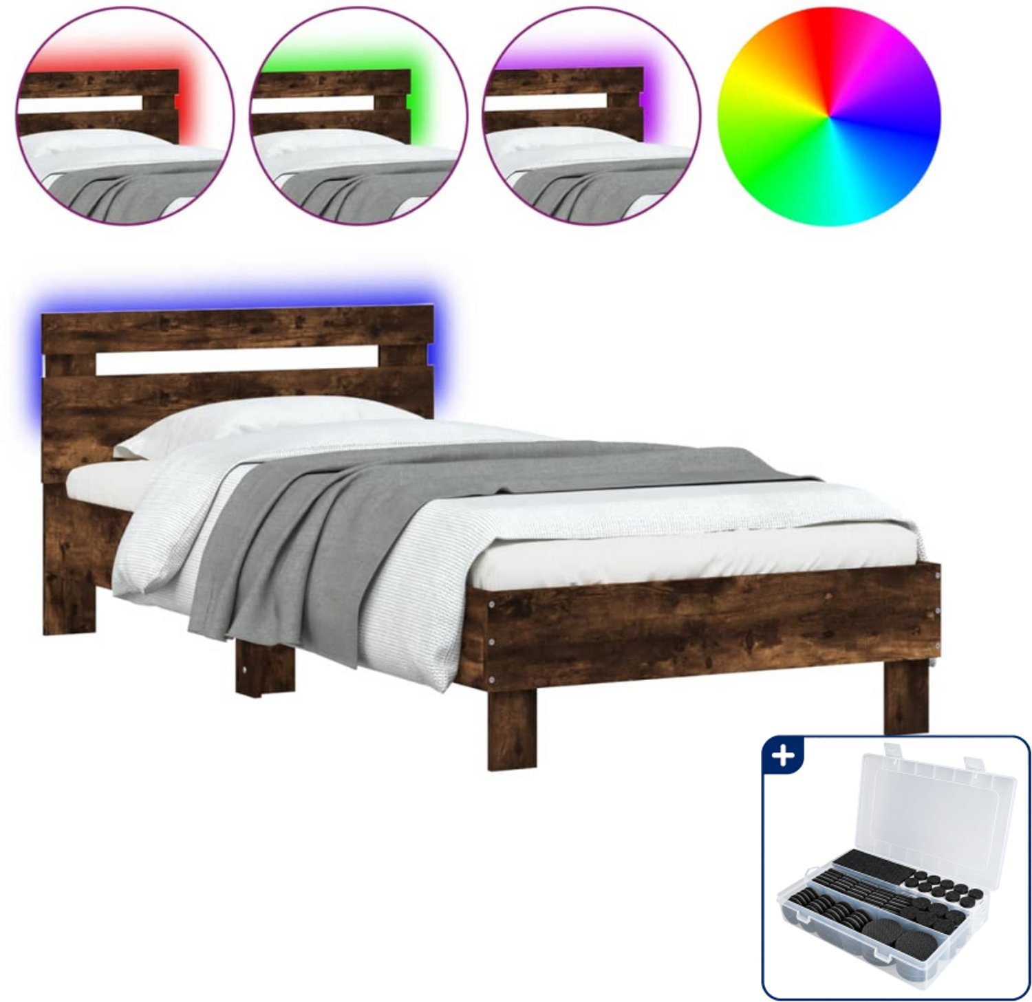 vidaXL bedframe met hoofdbord en led - 90 x 200 cm - gerookt eiken - Inclusief antikrasvilt 177-delig Bruin