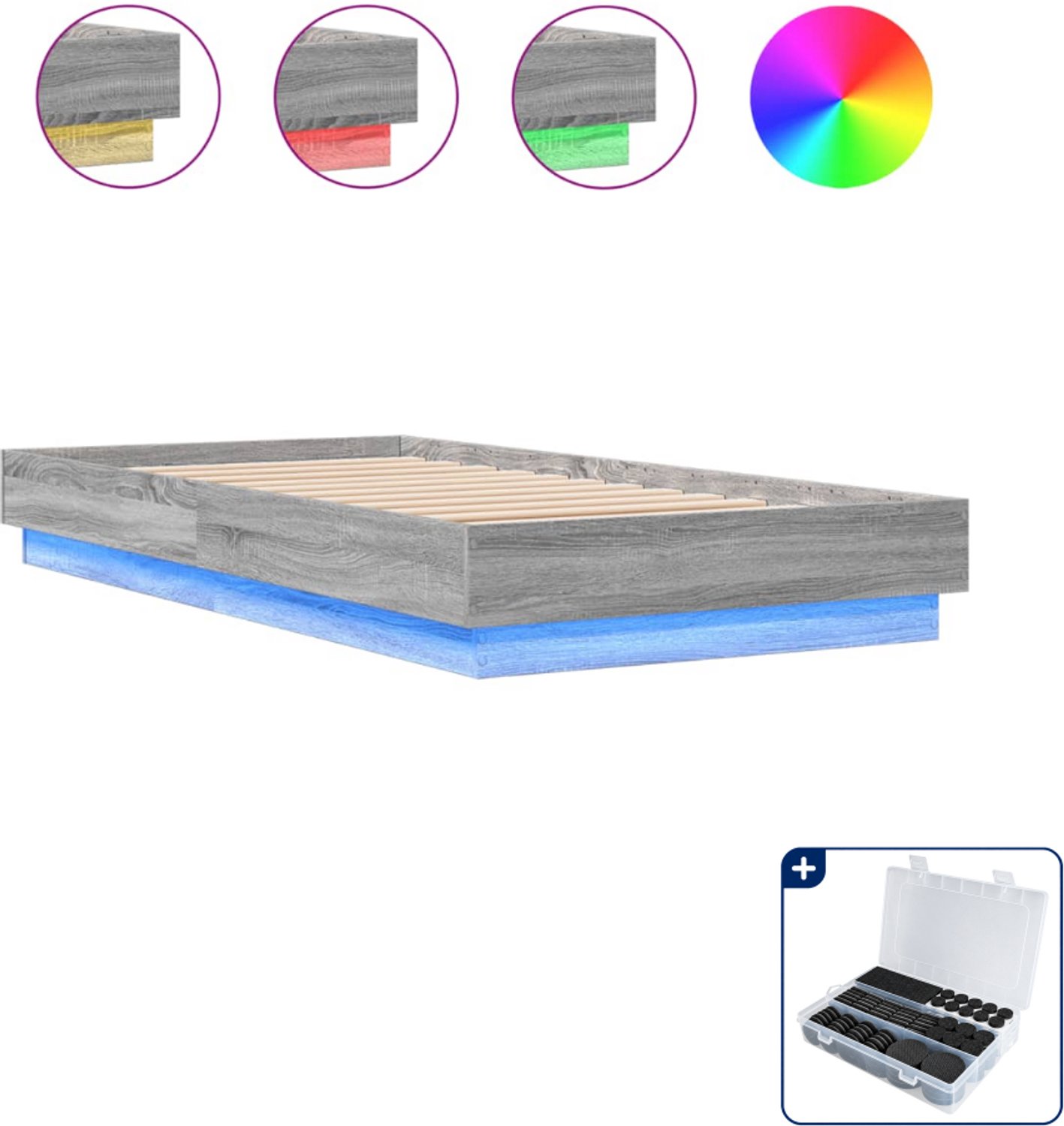 vidaXL bedframe met led - 75 x 190 cm - grijs sonoma - Inclusief antikrasvilt 177-delig