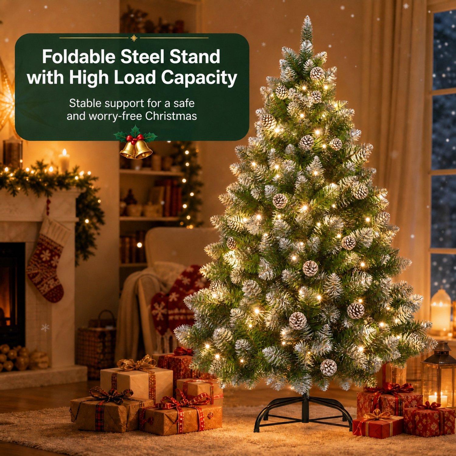 210cm Kunstkerstboom met lichtgevende groene PVC met sneeuweffect & dennenappels LED PVC kerstboom dennenboom decoratieve boom met standaard Kerstversiering voor kerstversiering – foto 5
