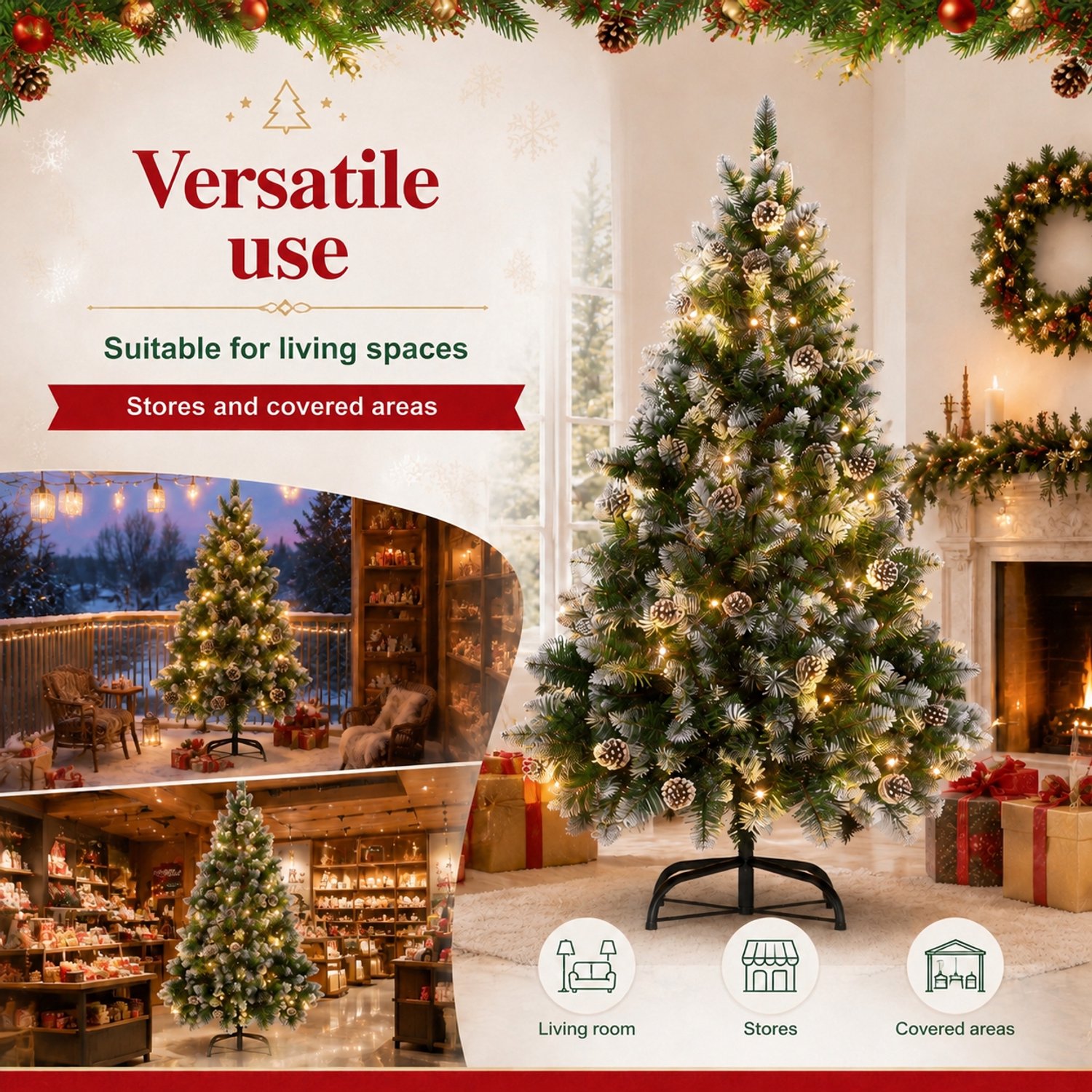 210cm Kunstkerstboom met lichtgevende groene PVC met sneeuweffect & dennenappels LED PVC kerstboom dennenboom decoratieve boom met standaard Kerstversiering voor kerstversiering – foto 6