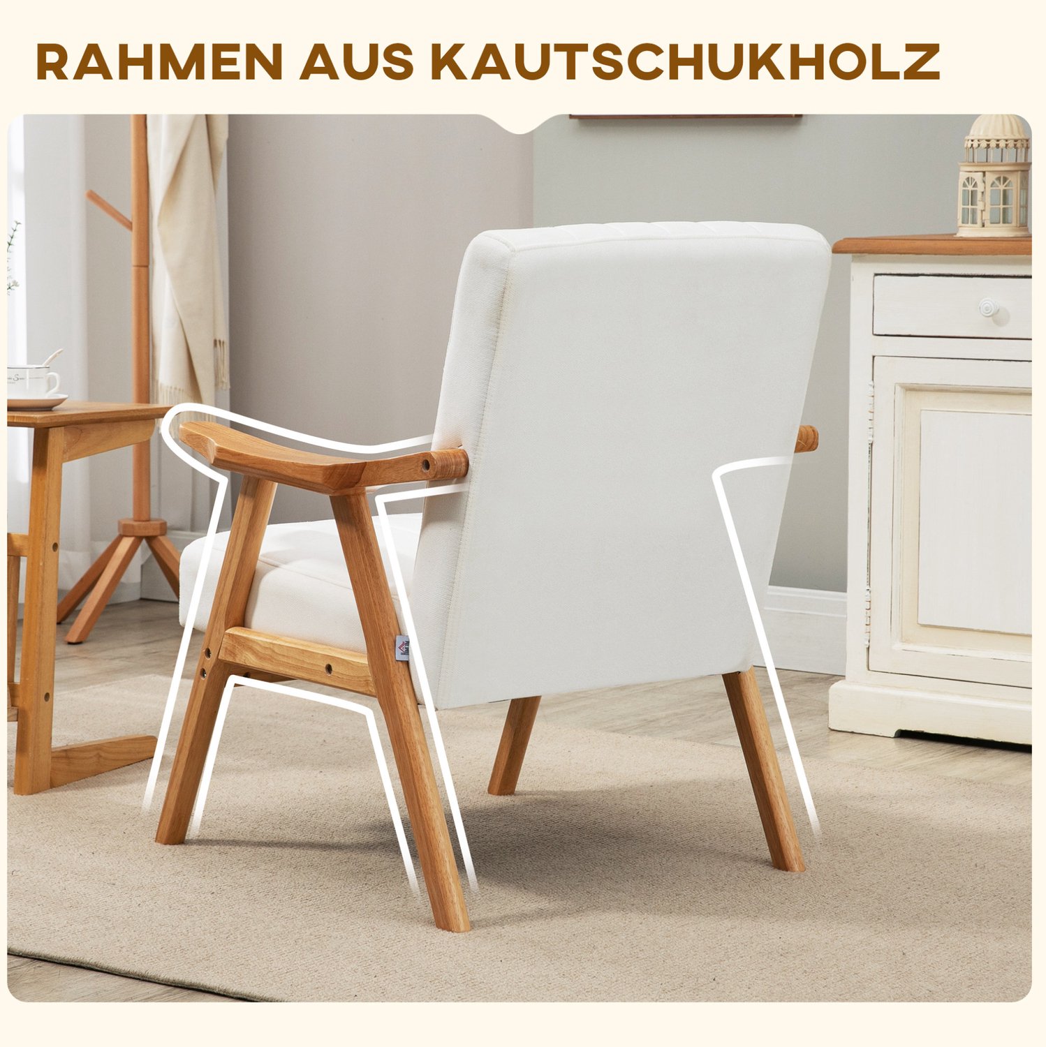 DESMIU Fauteuil 68 x 74 x 82 cm - Zachte Bekleding Met Armleuningen - Voor Woonkamer En Slaapkamer - Hout - Crèmewit Crème wit
