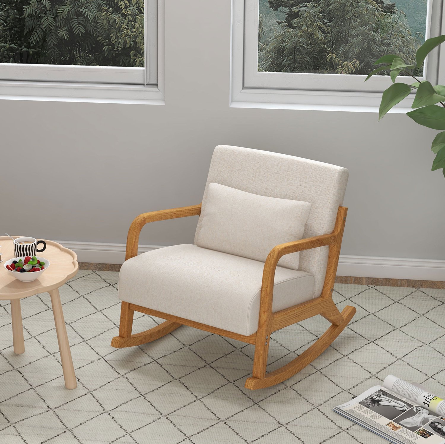 STILVORA Schommelstoel 64,5 x 92 x 81,5 cm - Zacht Schommelen met Afneembare Lendesteun - Woonkamer en Slaapkamer - Hout - Crèmewit