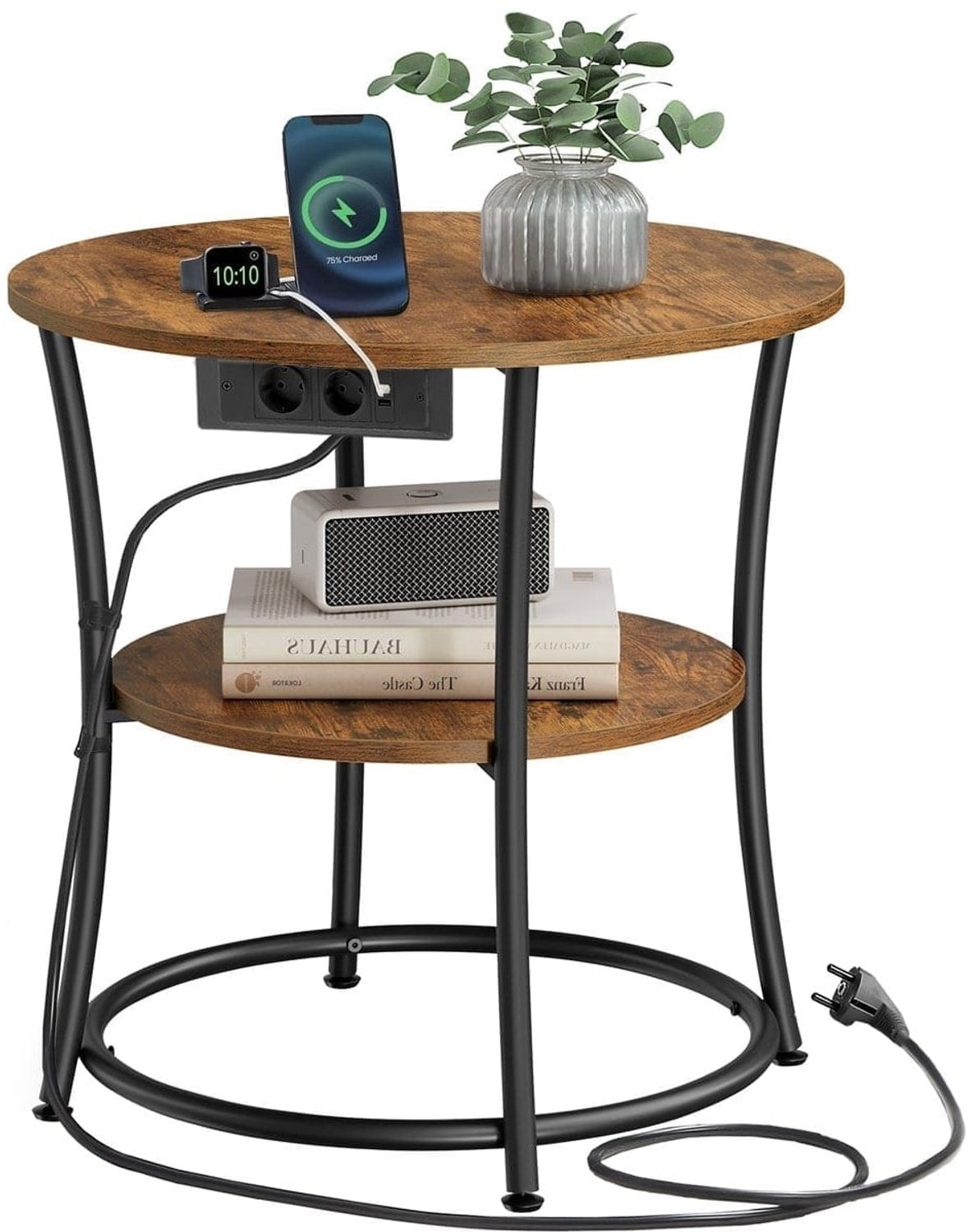 Klarven Bijzettafel Vintage Bruin-Zwart - Bijzettafel - Industrieel Design - Met USB-poorten en Stopcontacten - Draagvermogen tot 30 kg Vintagebruin-Zwart