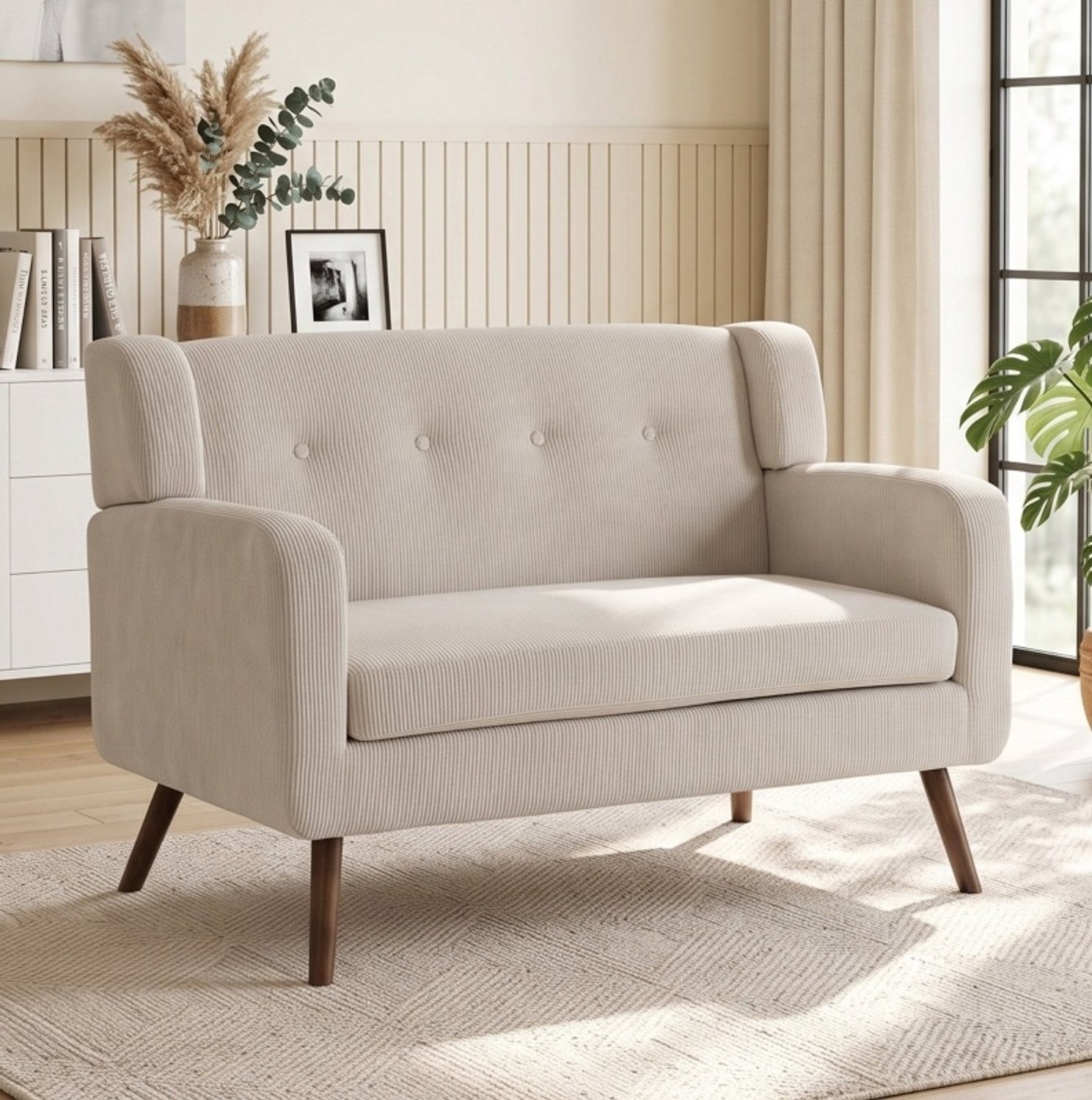 MODENUIT Zitbank 118 cm - 2 Zitplaatsen Met Knopen En Ribstoflook - Voor Woonkamer - Polyester - Beige