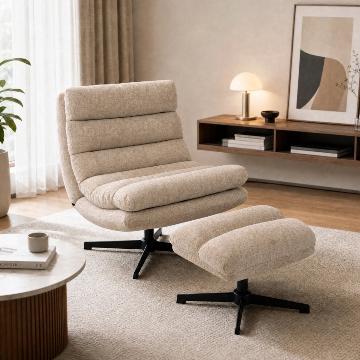 MODENUIT Fauteuil Met Voetenbank - Draaibaar - Verstelbare Voetenbank - Woonkamer - Polyester - Bruin Beige
