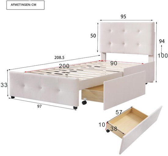 Maatschets van beige eenpersoonsbed (90x200 cm) met ingebouwde lade, gecapitonneerd hoofdbord en lattenbodem.