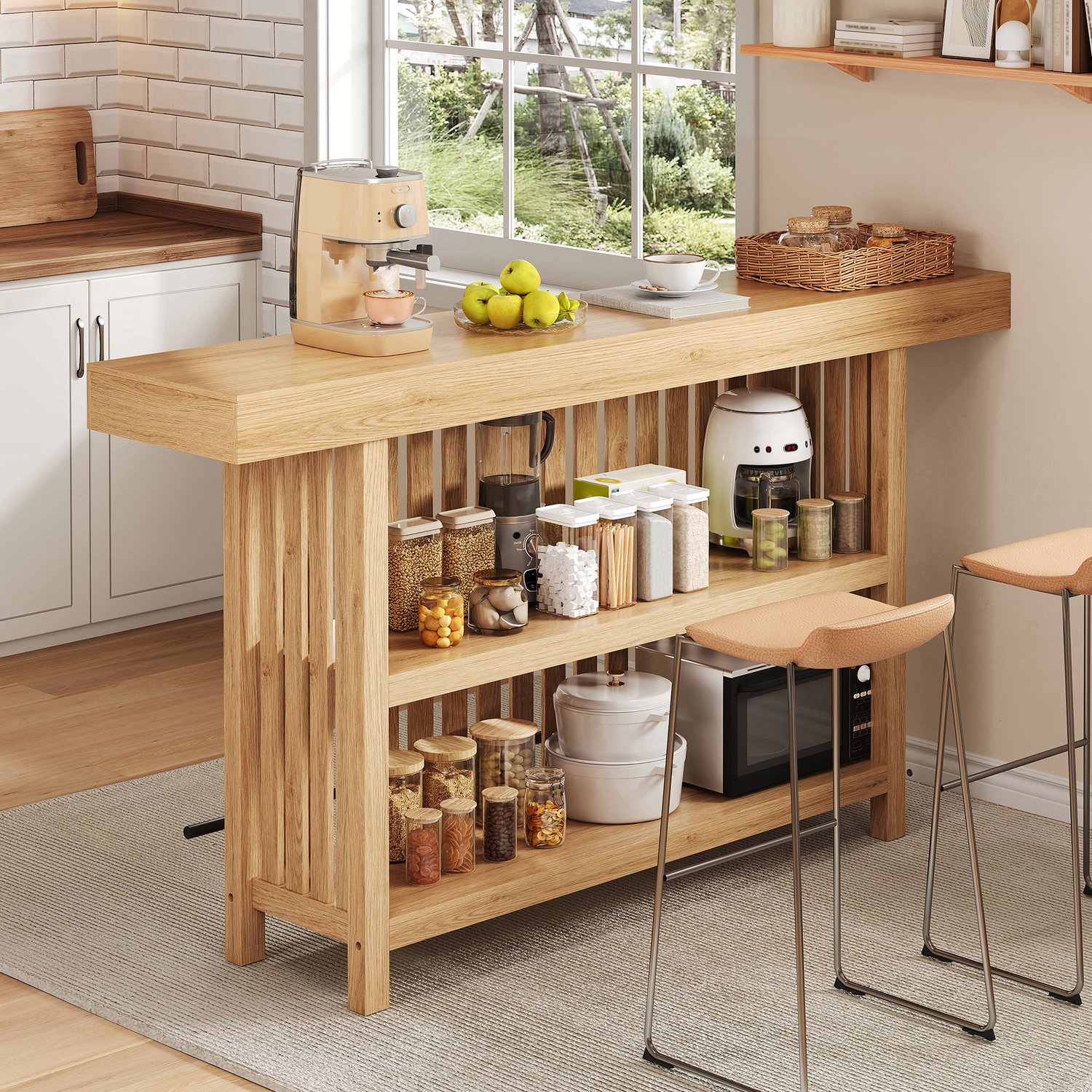 VVBV Bartafel 160x40x105 cm – Voetensteun, Houtlook, Lamellendeuren, voor Thuisbar – Bartafel met Opbergruimte – MDF – Naturel
