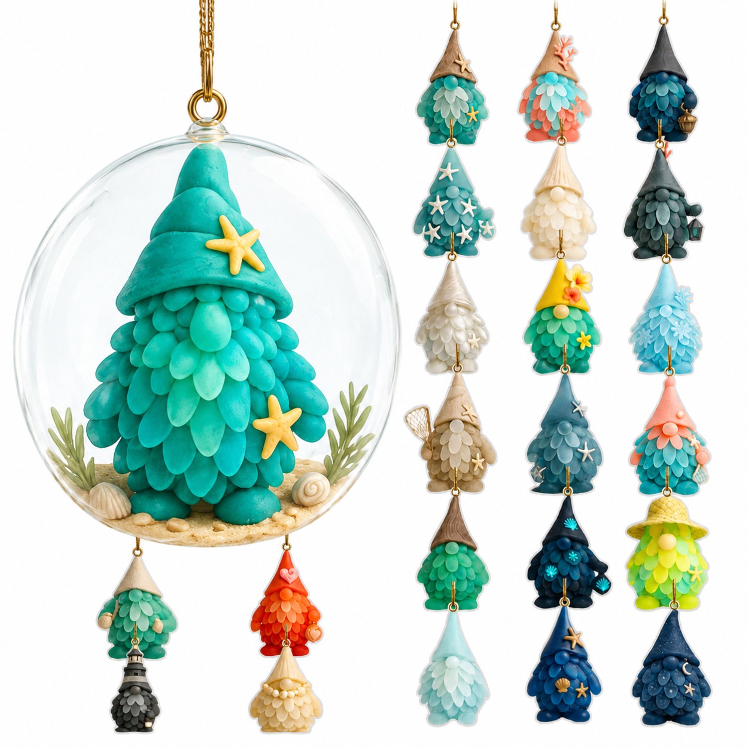 Adventskalender 2026 met 24 kabouterhangers in zeeglaslook - kerstdecoratie - verpakking 26 x 18 x 3 cm