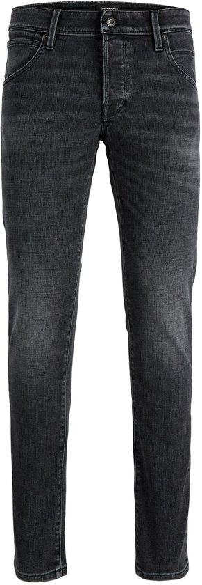 Voorkant van een grijze slim fit jeans met knoopsluiting en JACK & JONES label.