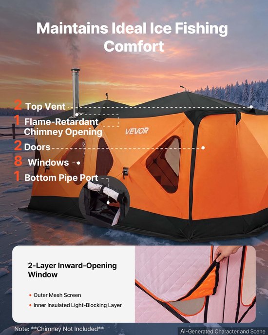 VEVOR Ijsvistent voor 8-10 Personen, 4,11 X 2,3 X 2,3 m, Geïsoleerd, voor Wintervissen, 10,7 m² Oppervlakte, 600D 4-Laags Stof, Draagbare Ijstent in Hub-Stijl met Ankers, Touwen en Draagtas — afbeelding 5
