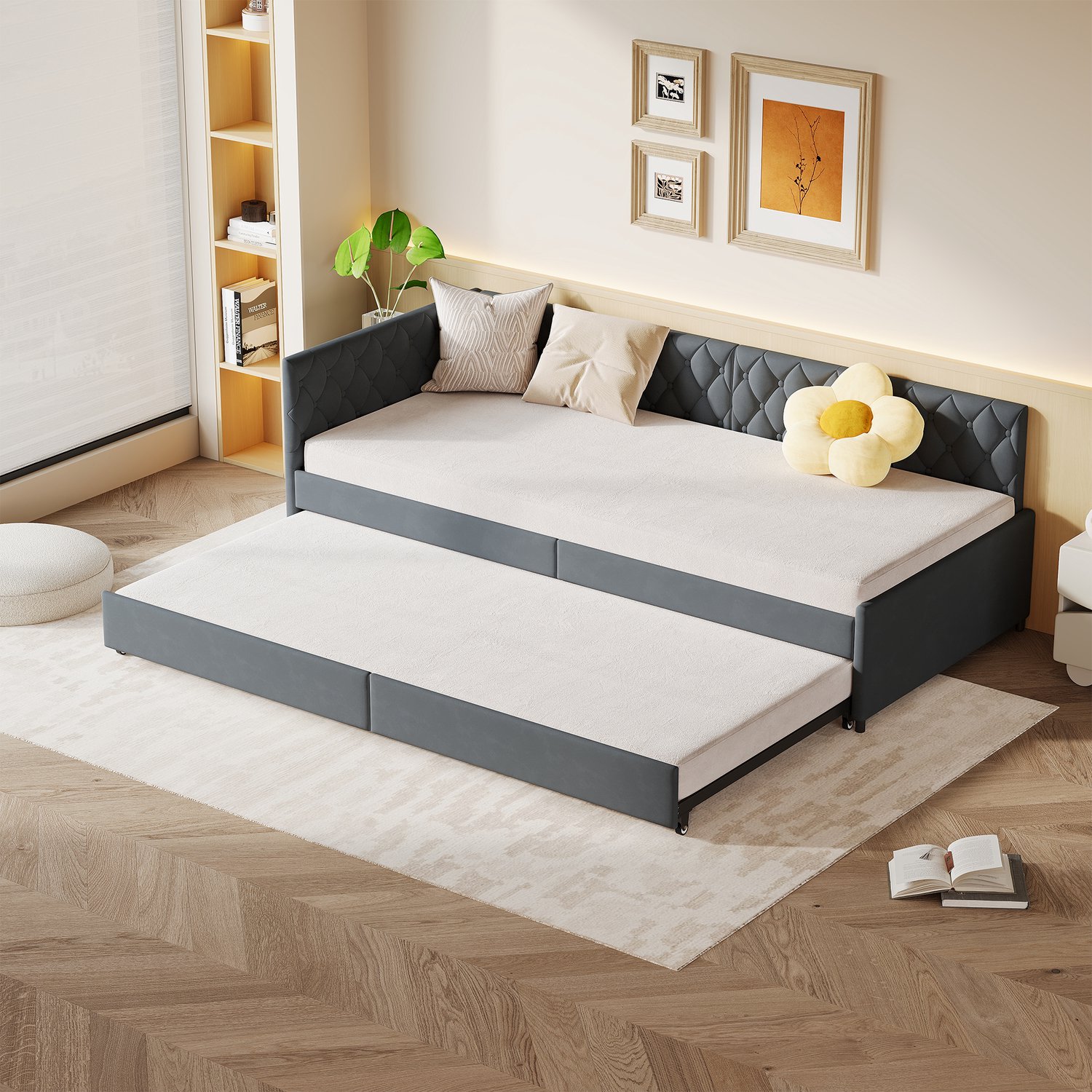 Yelenaro Uitschuifbare slaapbank 90/180x200 cm, Tweepersoons bankbed, geschikt voor studio's en het ontvangen van gasten, Fluwelen grijs, exclusief matras