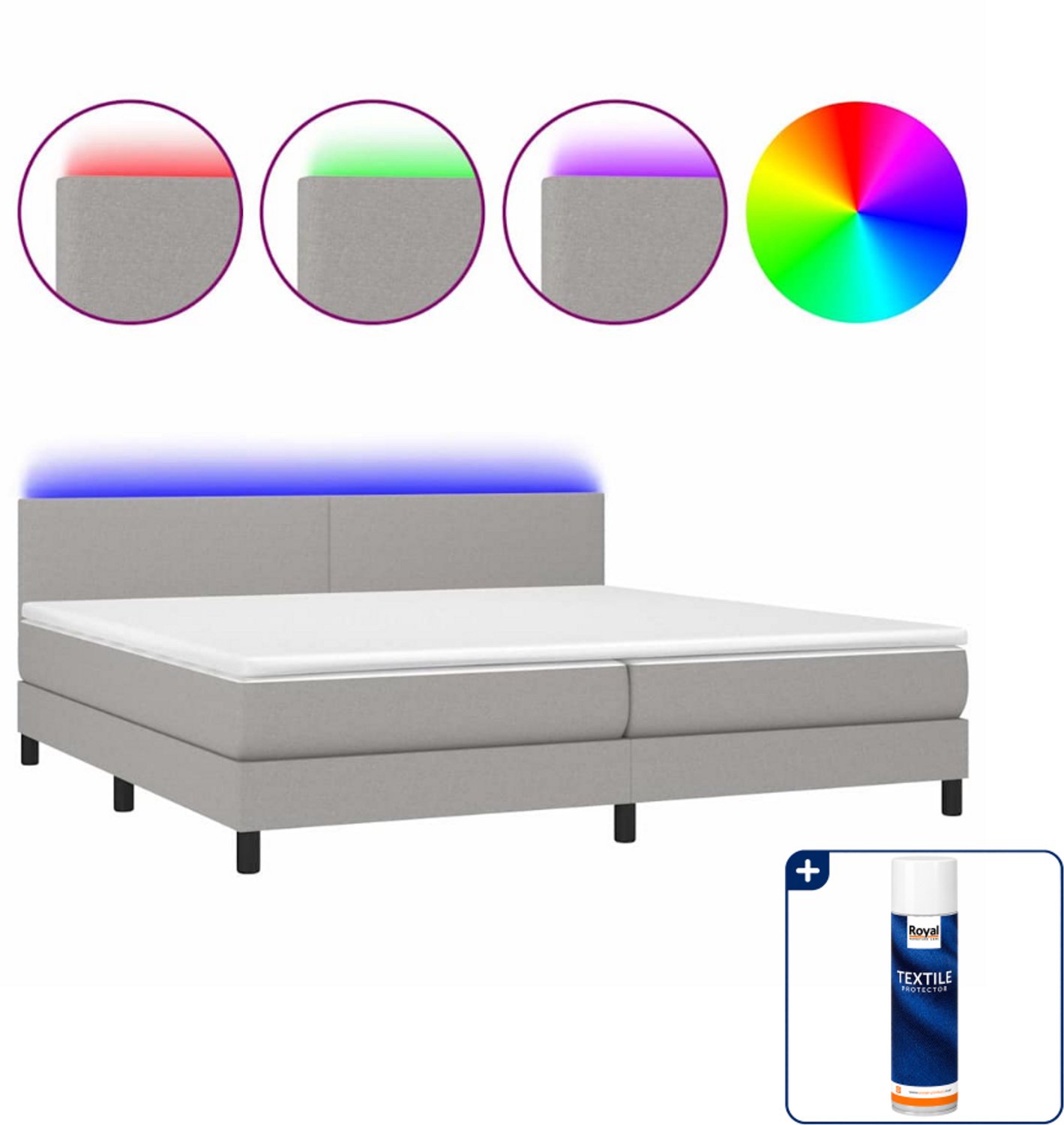 vidaXL boxspring met matras en LED - 200 x 200 cm - lichtgrijs - Inclusief textielbeschermer 500 ml