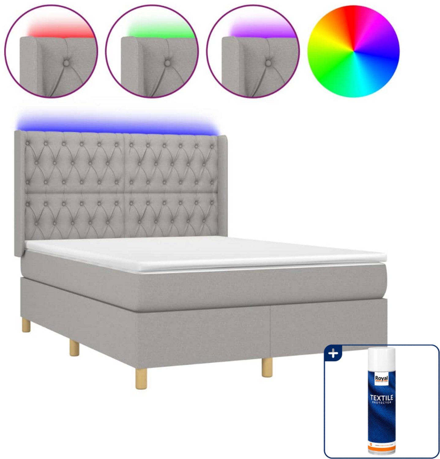 vidaXL boxspring met matras en led - 140 x 190 cm - lichtgrijs - Inclusief textielbeschermer 500 ml